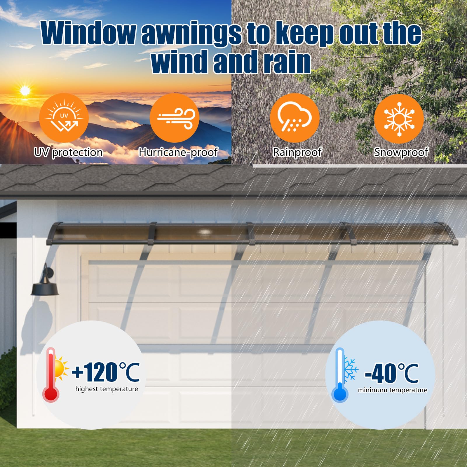 GUANSU Vordach für Haustür 100x300 cm, Überdachung Haustür aus Polycarbonat, Transparentes Pultbogenvordach – Schützt vor Regen Schnee für Terrasse, Veranda Fenster