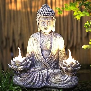 Buddha Statue Zen Sculpture 11.4in Large Size,Yoga Garden Decor with LED Solar Lotus Lights, Sitting Meditating Buddha Serene Resin Figurine for Patio Yard Lawn Ornaments, Backyard,Inside or Outside