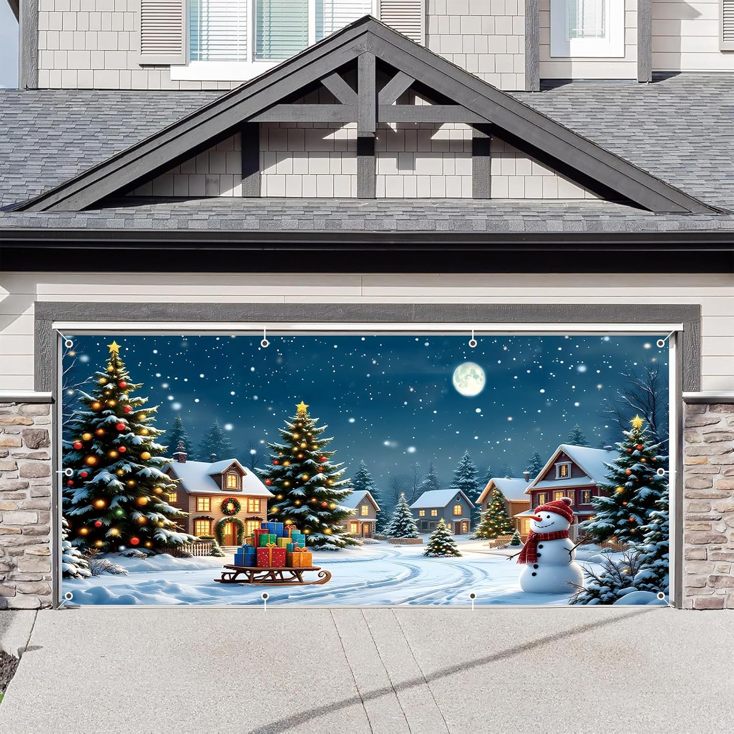 Christmas Garage Door Cover Banner Decorations 7x16ft Winter Village Xmas Tree Snowman Snow Snowflake Moon Night Backdrop Background Mural Large Holiday Outdoor Decor