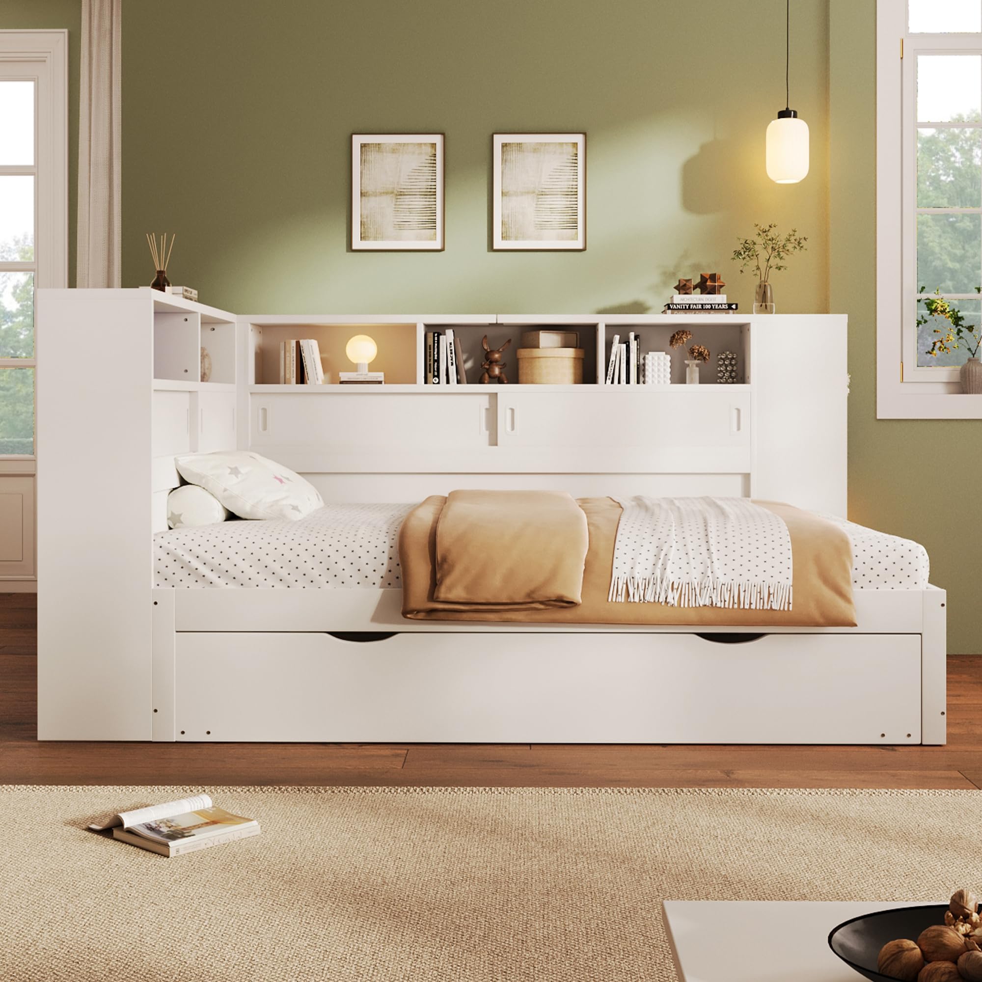 Funktionsbett | Stauraumbett | Kinderbett mit Ausziehbett, USB und Bücherregal, Kiefernholz Plattformbett mit Regal, für Erwachsene, Kinder, Jungendliche, Weiß, 90x200 (90x190)