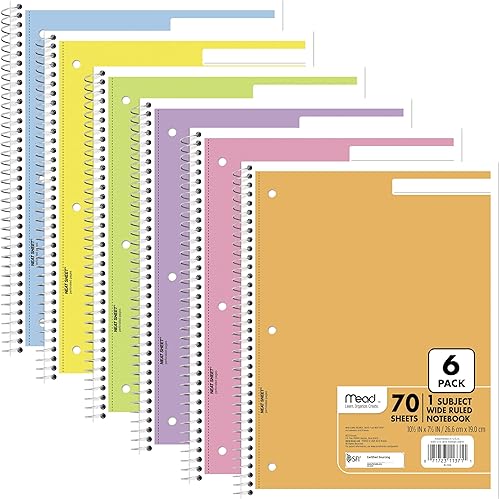 Mead 930050-ECM - Cuaderno de espiral, paquete de 6, 1 materia, papel rayado ancho, 7-1/2 x 10-1/2 pulgadas, 70 hojas por cuaderno, colores pastel