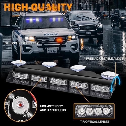 Miniatura 3 de XRIDONSEN 2 barras de luces estroboscópicas de emergencia azul y blanco de 17 pulgadas, 40 luces LED interiores delanterastraseras para parabrisas