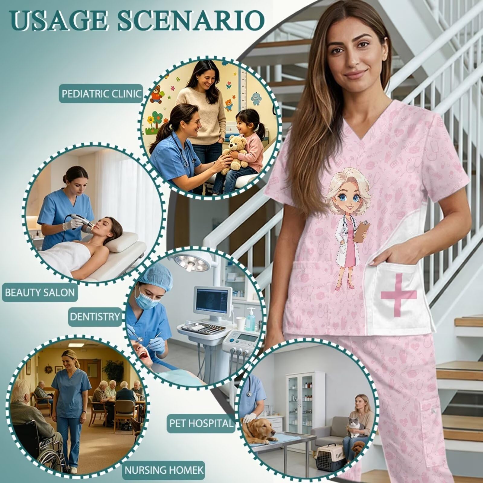 Damskie zestawy pediatryczne z nadrukiem lekarza z wysokimi spodniami, odprowadzające wilgoć, przytulne dopasowanie, medyczne peelingi dla kobiet, personel pediatryczny, różowe