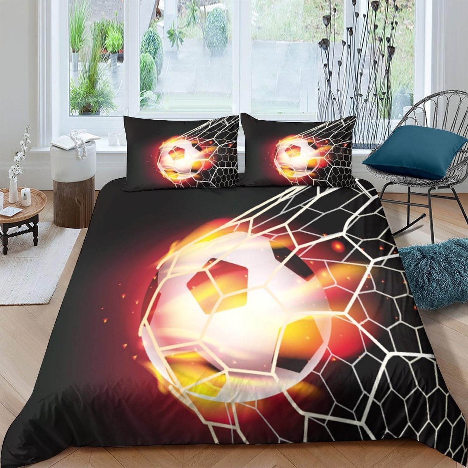 Ctjqhvkz Style-2 3D Printed Fire Soccer Fitted Sheet Microfiber Soft Breathable Goal Net Bed Cover For Bedroom Dorm Decor Single（135X200cm）