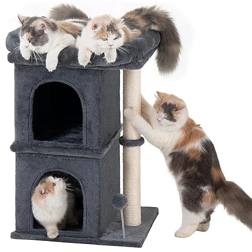 Aechonow 24in Cat Tree Tower with Scratching Post, 19 * 16.5in Window Perch Bed for Large Adult Cats, 2 Small Condo Cubbies for Indoor Kittens, Dark Gray - Dark Gray-24" H