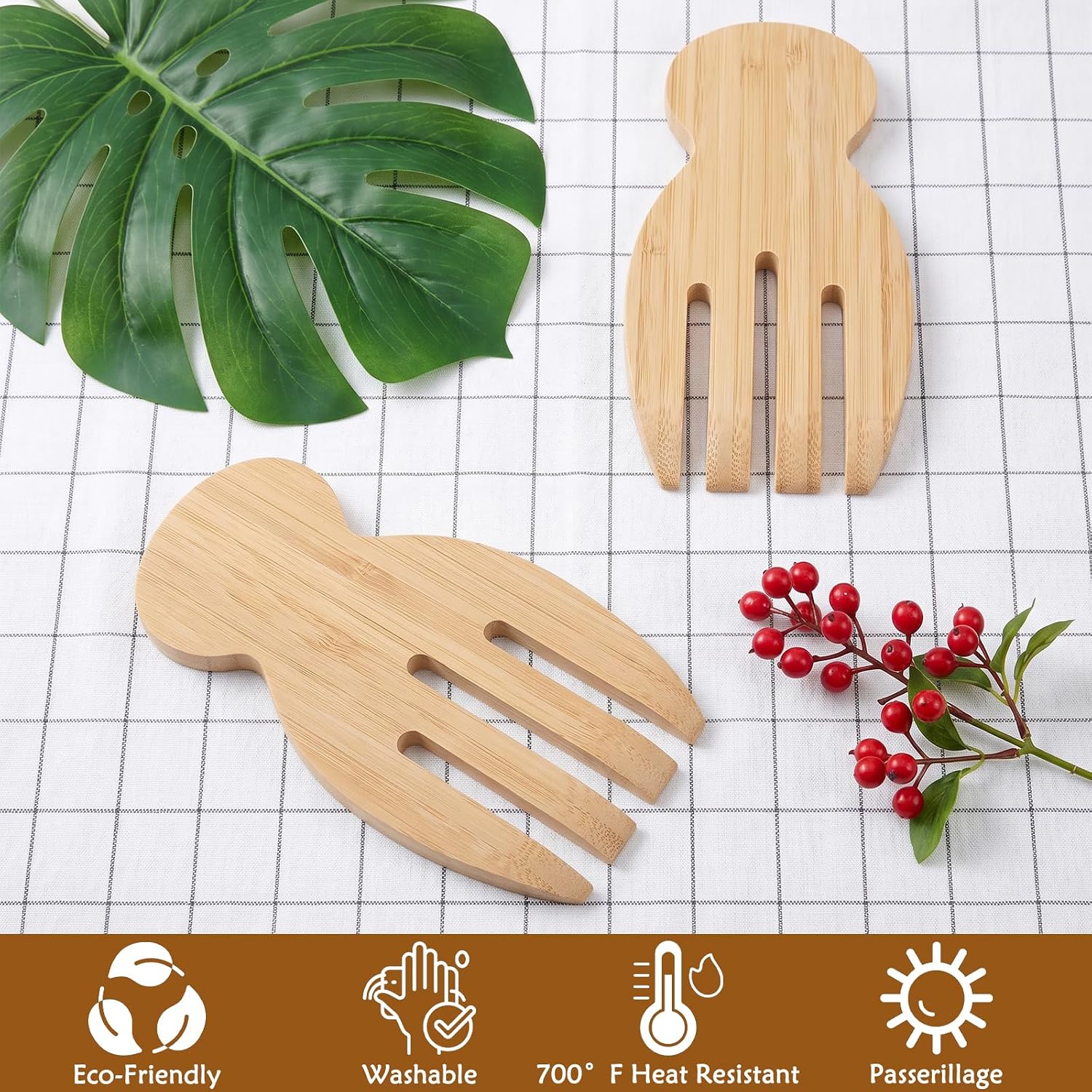2Pcs Wooden Salad Tongs, 7"x 3" Wood Salad Serving Utensils