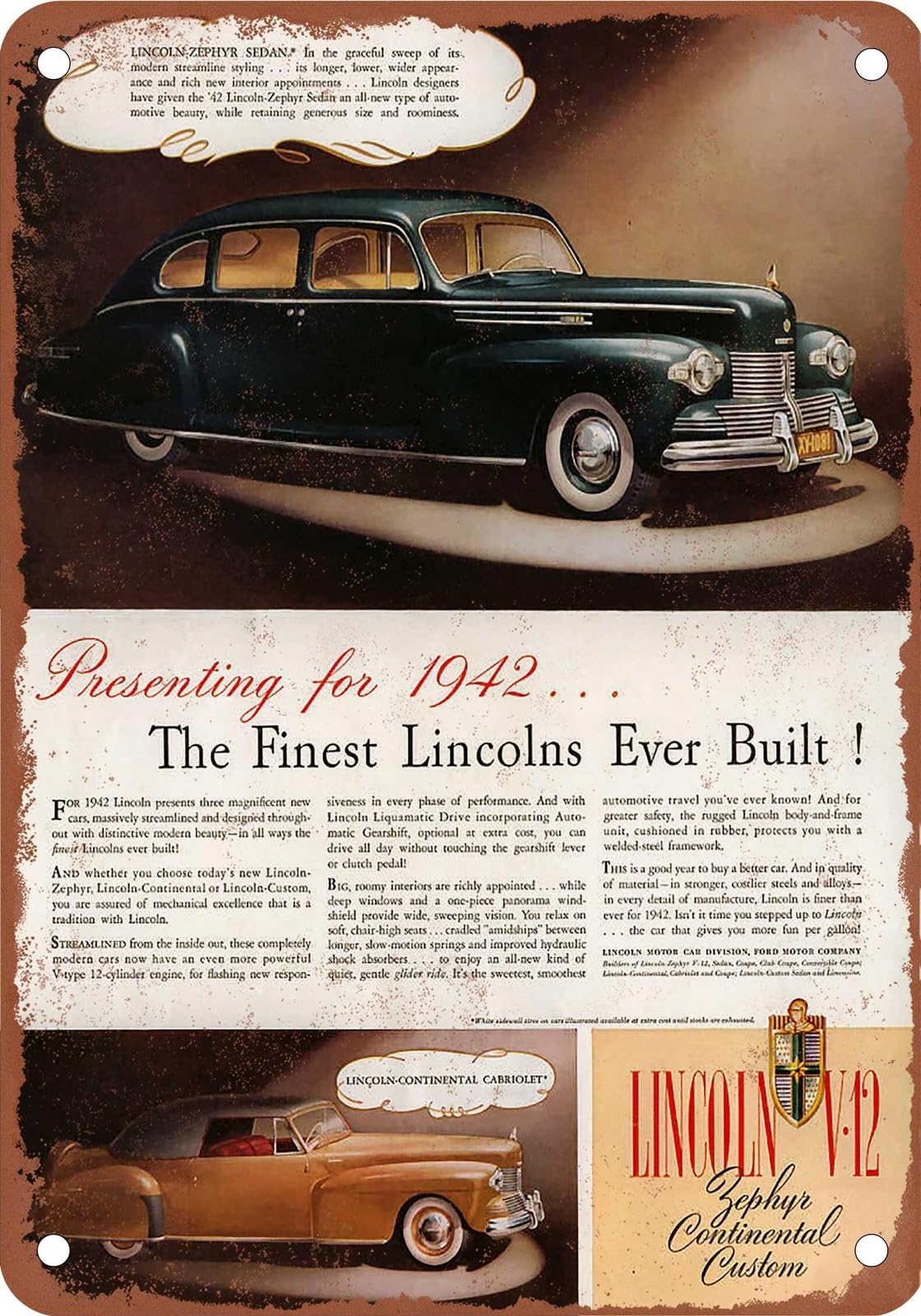 METAL SIGN - 1942 Lincoln Vintage Ad 02 - Old Retro Rusty Look home decor