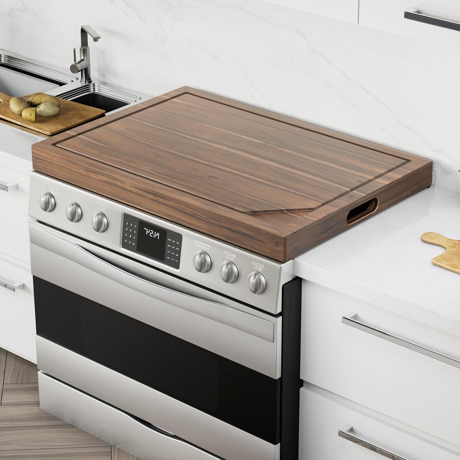 BLUEWEST Noodle Board Stove Cover with Handles, 3 in 1 Wood Stove Top Covers Board for Gas Burners and Electric Stove, Wooden RV Stovetop Cover, Tray for Kitchen Counter Space with Juice Grooves
