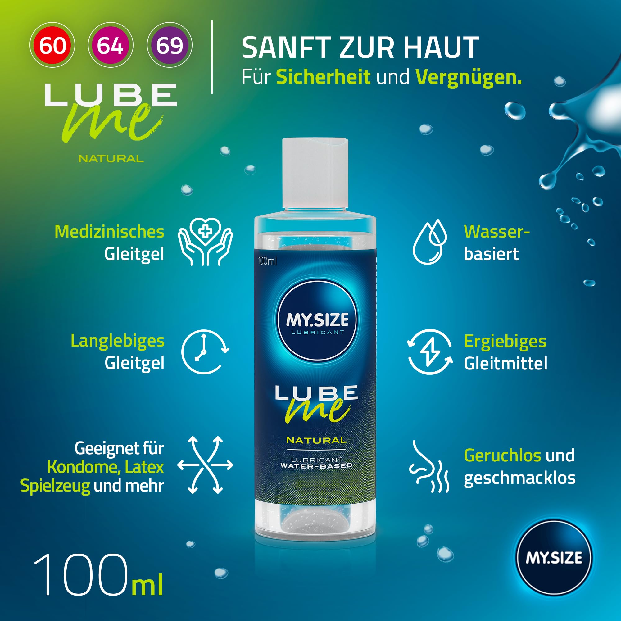 MY.SIZE Kondom + Gleitgel Set mit 100 ml Lube Me Natural & 3x3 Kondome 60,  64, 69 mm | Wasserbasiertes Gleitmittel | Lubricant Gel Fr Toys &  Latexkondome geeignet : Amazon.de: Drogerie & Krperpflege