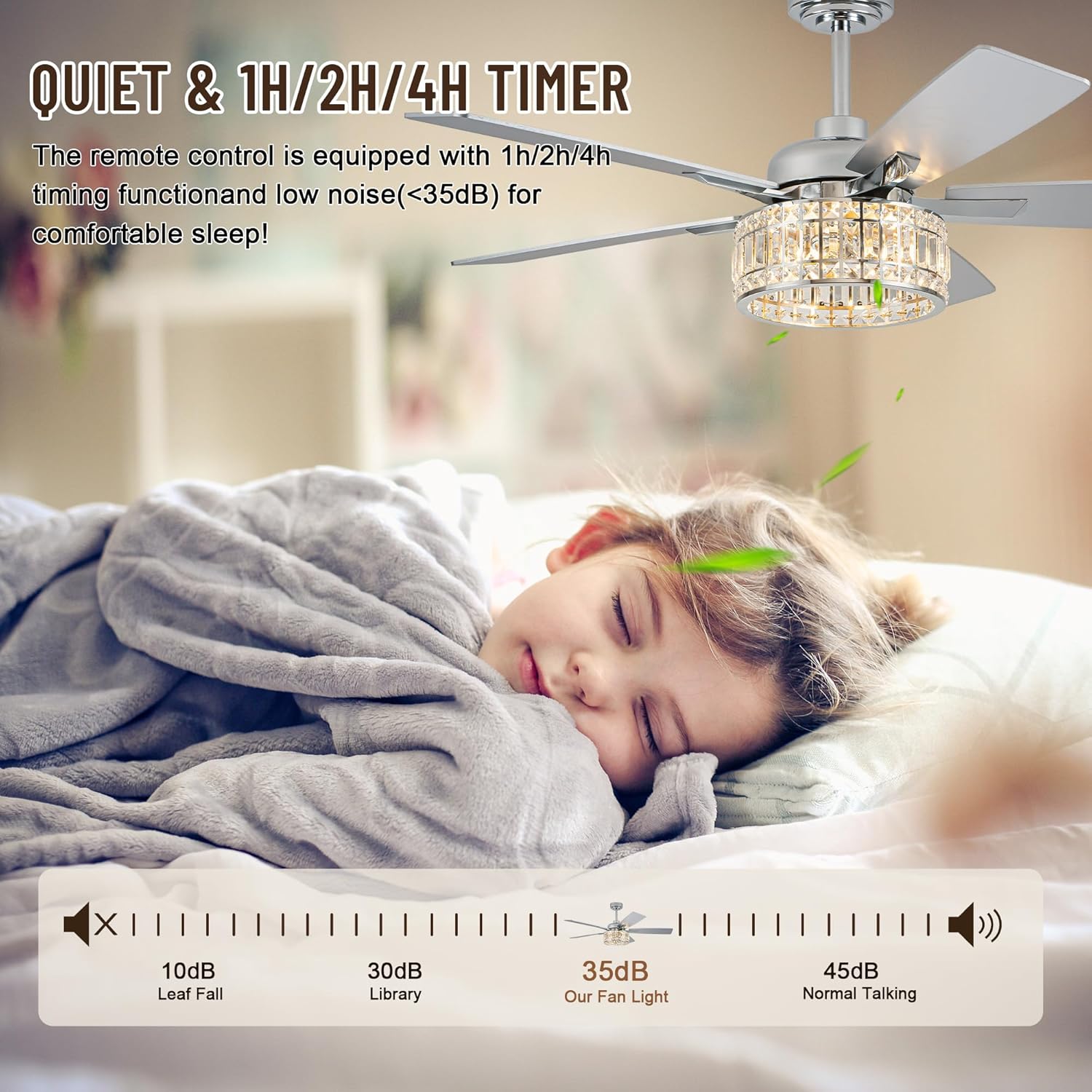 52" Crystal Ceiling Fans with Lights and Remote, Chandelier Ceiling Fan with 5 Wood Reversible Blades,Quiet Motor,Crystal Fandelier Ceiling Fan with Light for Living Dining Room Bedroom