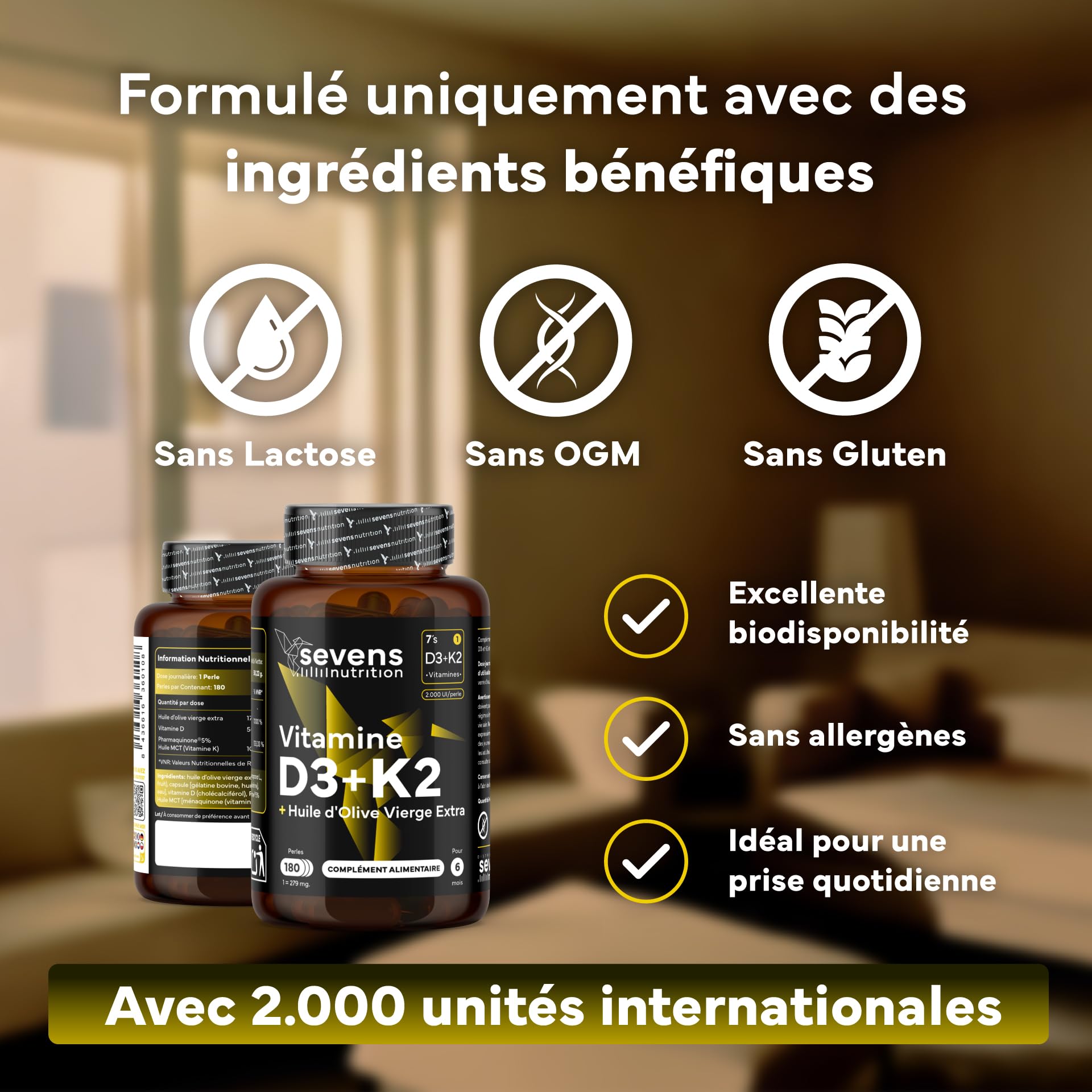 Vitamine D3 K2 MK7 - Vitamin D3 2000UI - Vitamine K2 MK7 100 µg - Avec de l'Huile d’Olive Vierge - 180 Softgels Sans Gluten - Hautement Dosé, Haute Biodisponibilité - Os, Muscles, Système Immunitaire