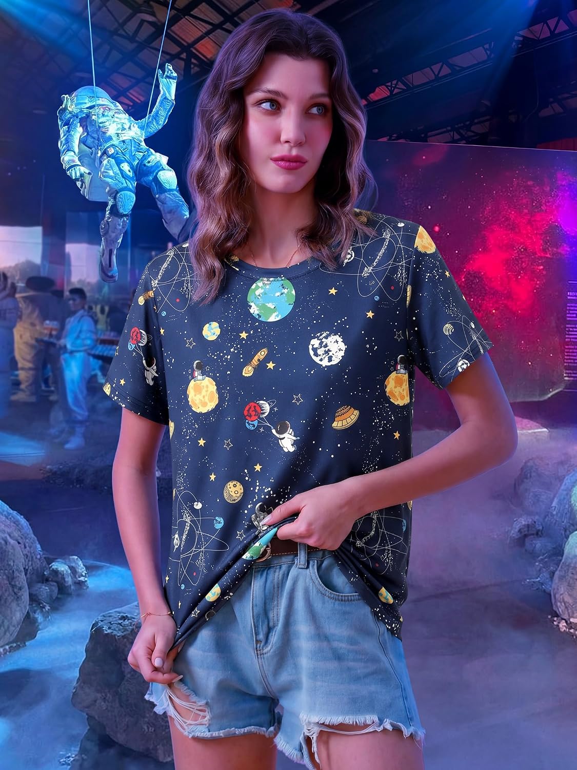 Ezcosplay Women Short Sleeve Space Shuttle Astronaut Universe Galaxy T-Shirt Graphic Shirt Casual Tee Tops