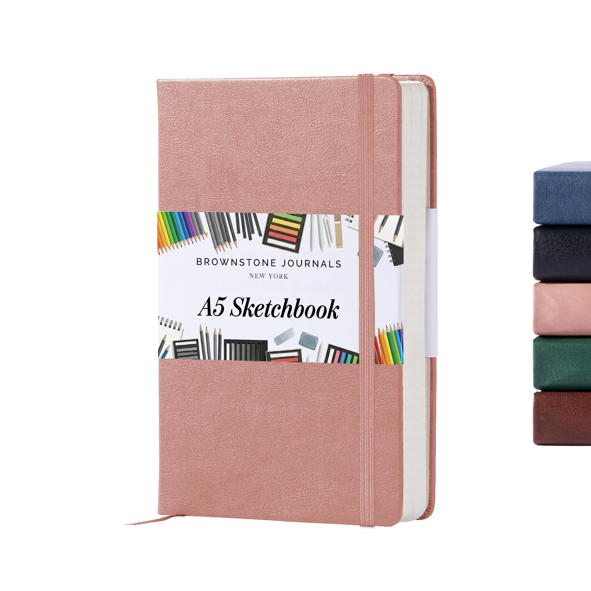 Brownstone Journals Rose Wood A5 Sketch Book Hardcover - 80 Sheets 100 Gsm Paper 5"X8", Lay Flat, Vegan Leather Cover, Elastic Band, Back Pocket, Art Drawing Book (Rose Wood)