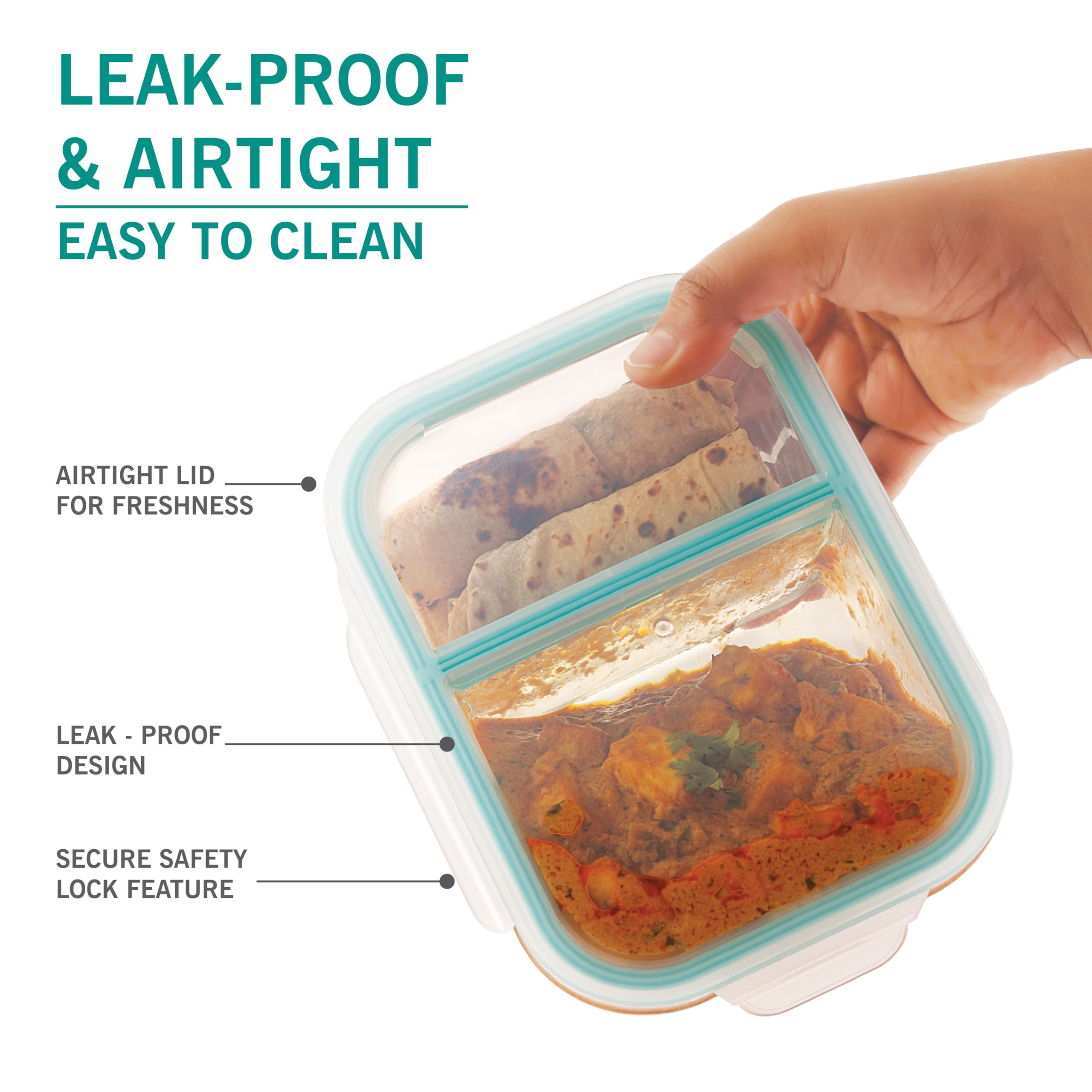 Attro Glassox - Lonchera con dos compartimentos y tapa de bloqueo, recipiente de vidrio de borosilicato, apto para microondas y congelador, hermética, a prueba de fugas, 580 ml