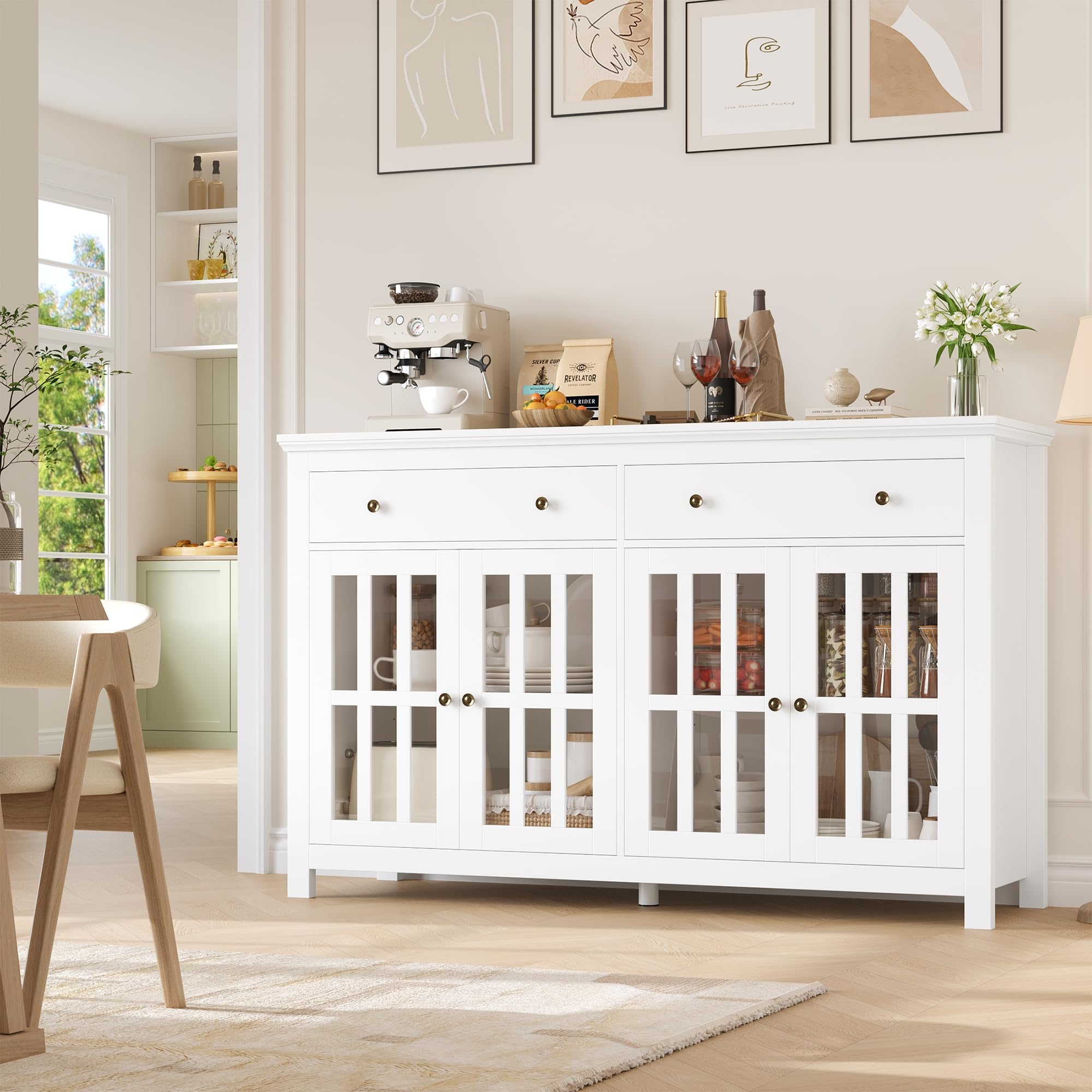 FirFurd 140cm Aparador Cocina, con 2 Cajones y 4 Puertas de Cristal, Blanco | Vitrina Salón, Muebles de Salón, Aparador Comedor, Mueble Recibidor, con Estantes Ajustables, 140x40x91cm