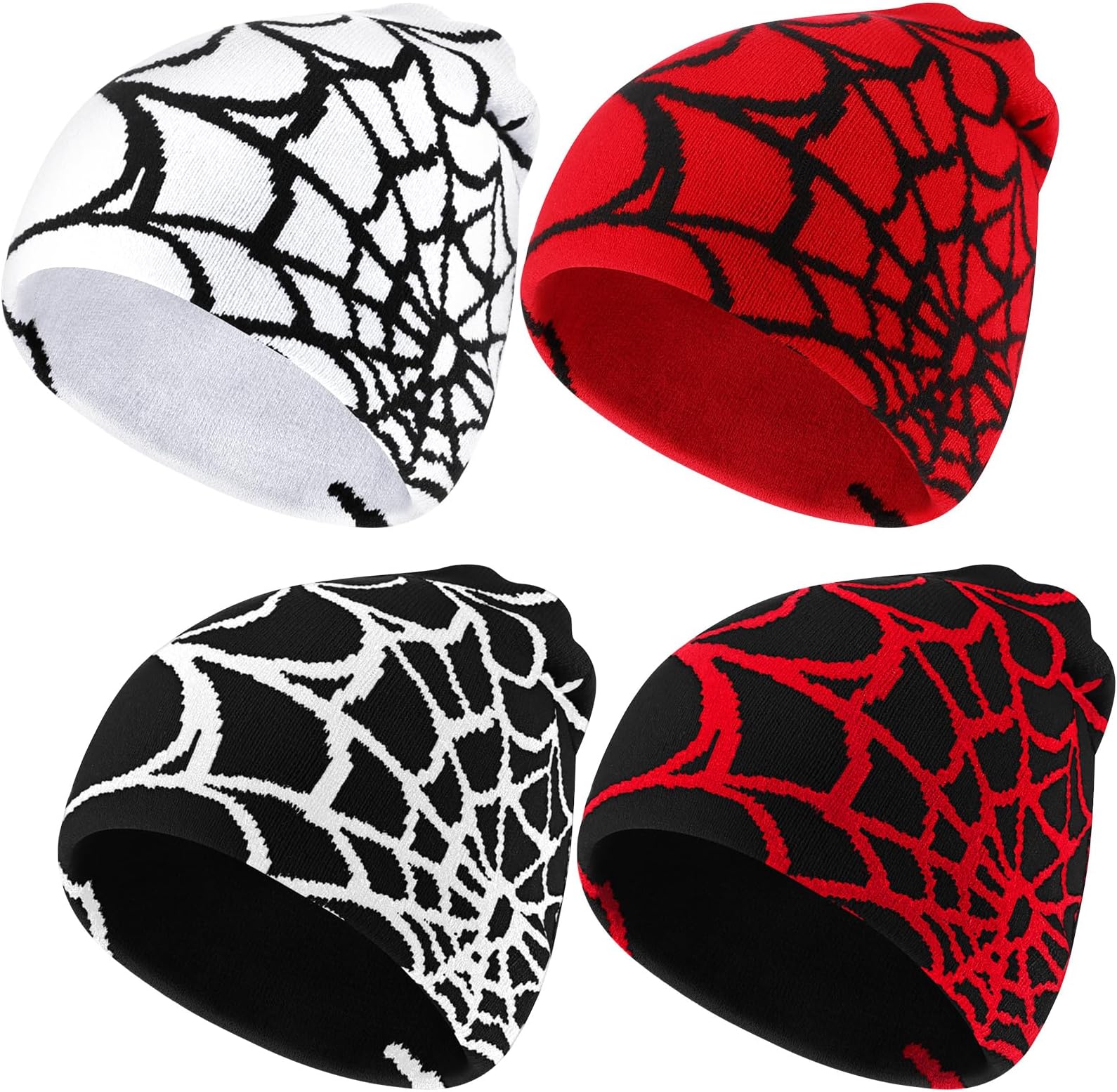 Jeyiour 4 Pcs Y2K Beanies Spider Web Pattern Beanie Gothic Acrylic Knitted Hat Casual Streetwear Outdoor Beanies for Men