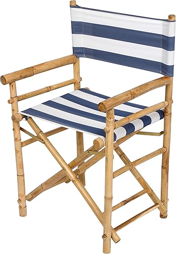 Miniatura 6 de Statra Silla plegable de director de bambú, portátil, para acampar al aire libre, juego de 2, rayas azules y blancas