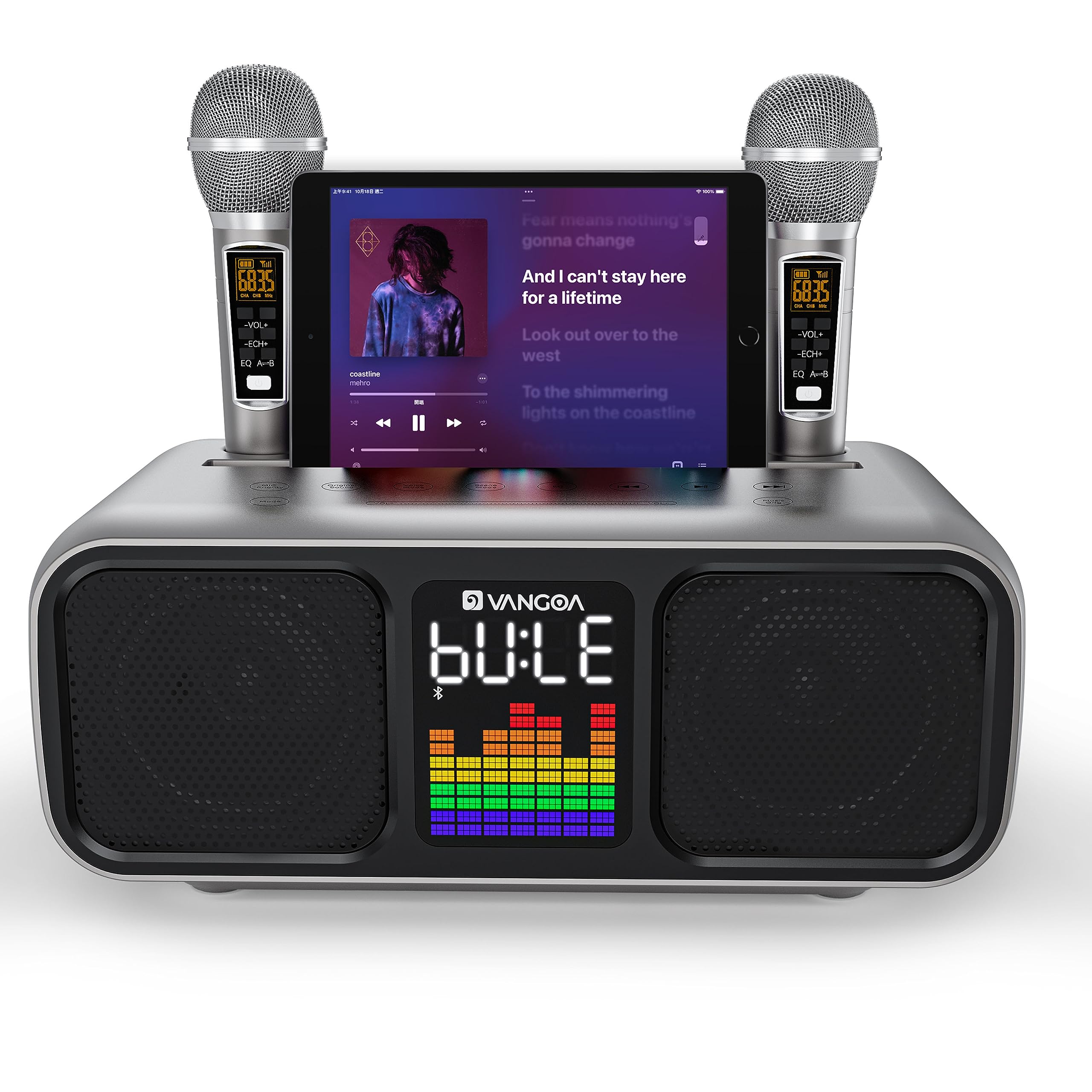 Vangoa Karaoke Machine with 2 Wireless Microphones for Adults & Kids, Portable Karaoke Speaker with Bluetooth LED Lights Supports AUX/USB/Type C/TF Card, PA System for Party Home Outdoor Activities