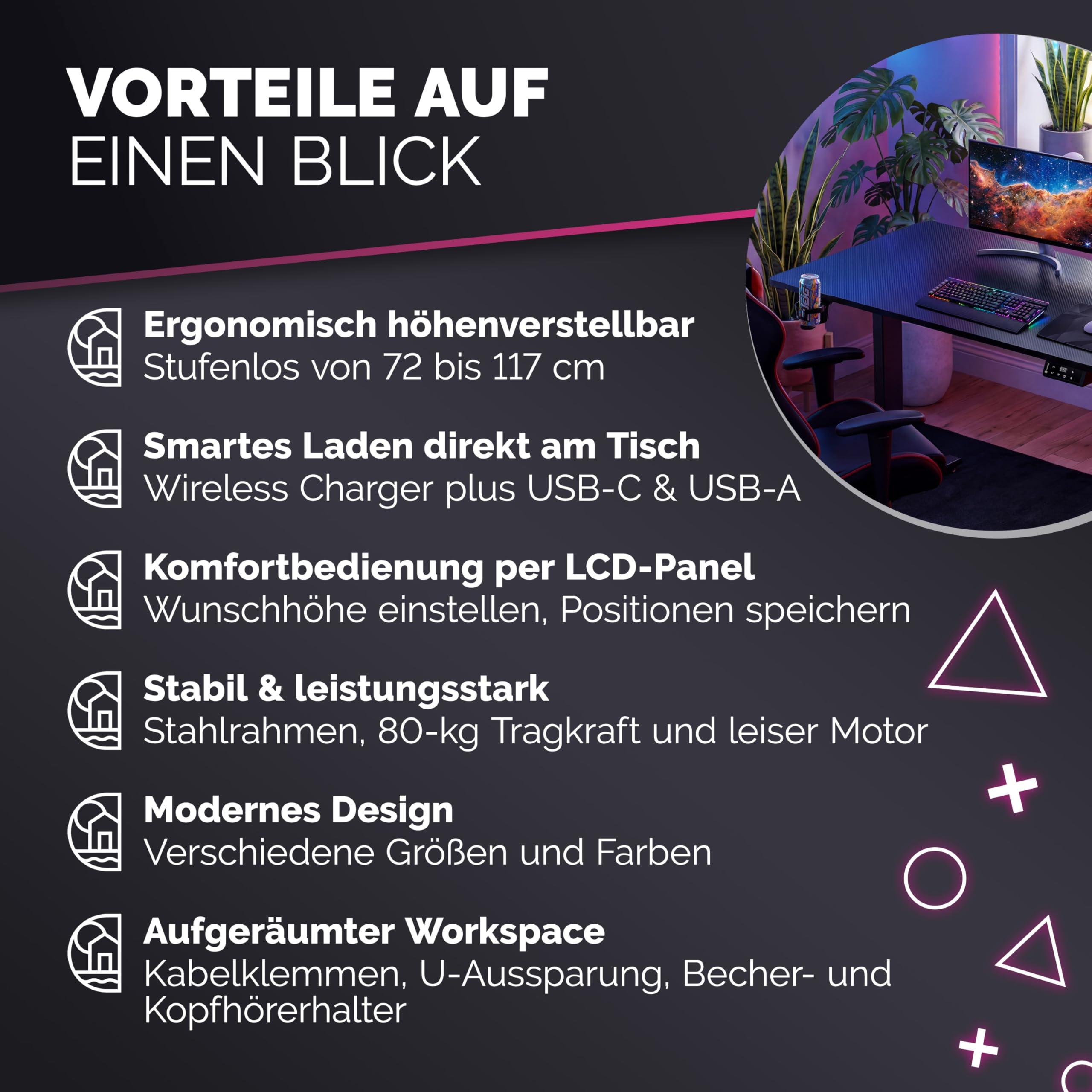Casaria® Höhenverstellbarer Gaming Schreibtisch elektrisch 120 x 60 cm mit Wireless Charger & USB-C/A Anschluss LCD-Display Memory-Funktion 80 kg belastbar ergonomisch Gamer Carbon Optik