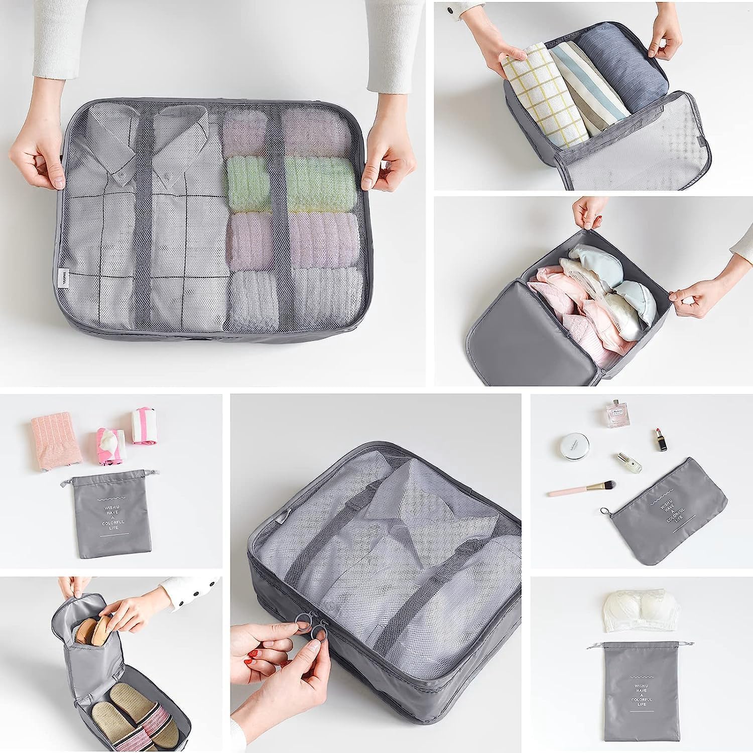 LANSKLBD 6/8 Set Packing Cubes for Suitcases Travel Luggage Packing Organizers,Travel Accessories Essentials Luggage Organizer with Shoe/Tioletry/Laundry Bag (Grey, 8 set) view 4