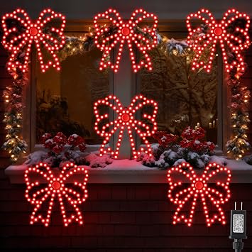 6 Pack Hi-Vibrant Twinkling LED Christmas Window Lights, Bow