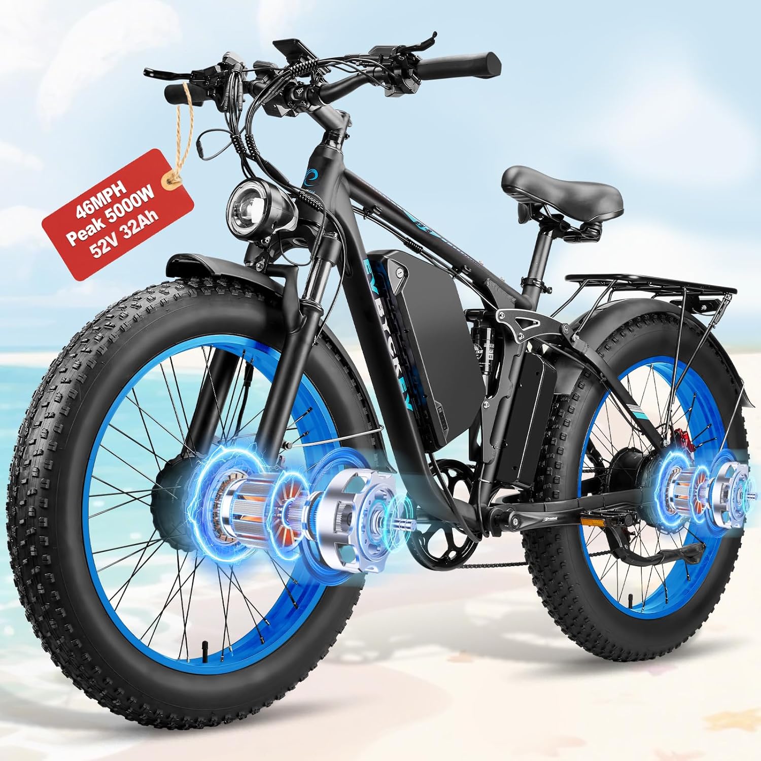 5000W Peak Twin Motors Electrical Bike, 46MPH-Quick Grime Electrical Bikes for Adults, 52V 32Ah,As much as 100Miles, 24″ x4.0 Fats Tire Mountain Ebike, Full Suspension Ebike for Off-Street Sand Snow