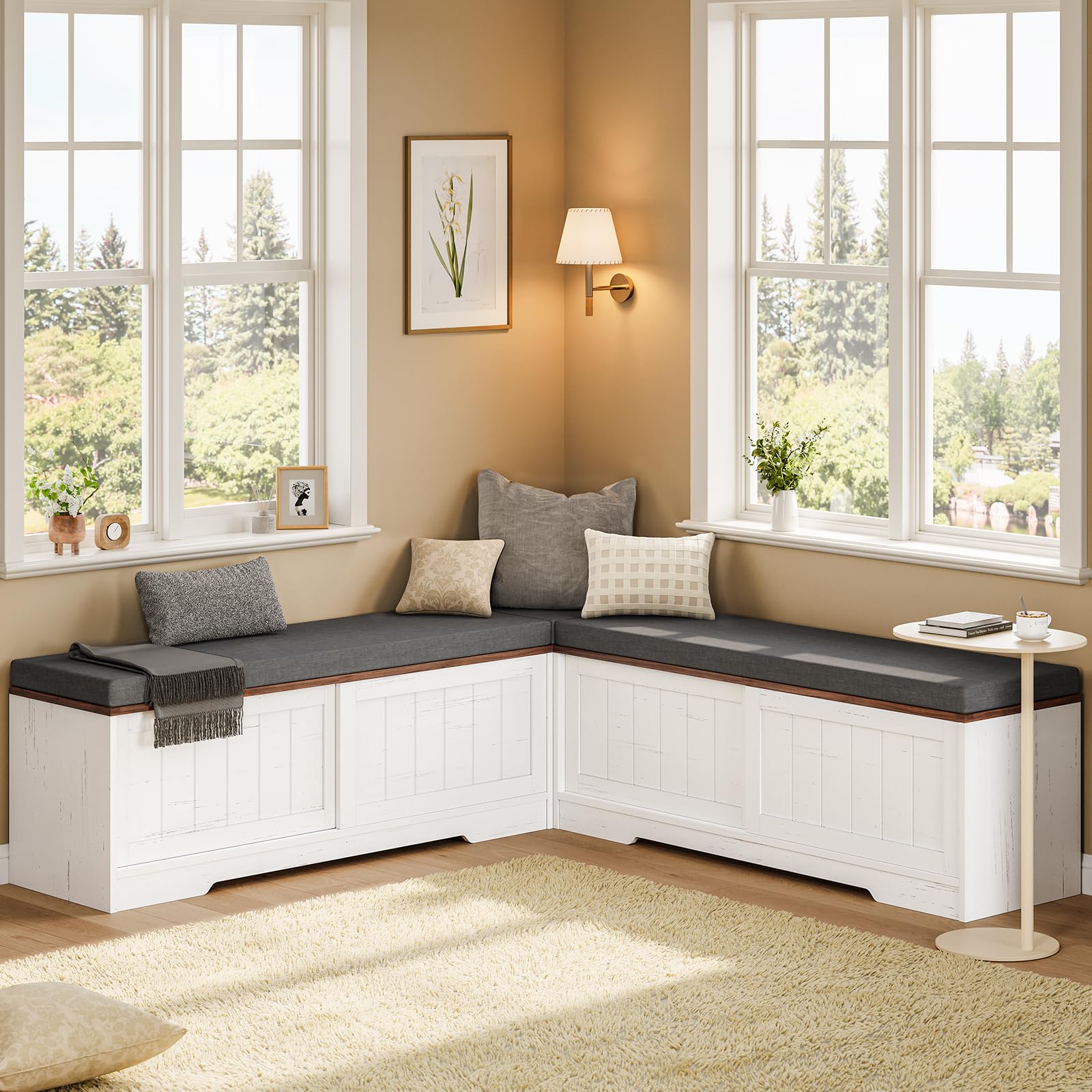 UPOSOJA Farmhouse L Shaped Breakfast Nook Bench in White-Brown