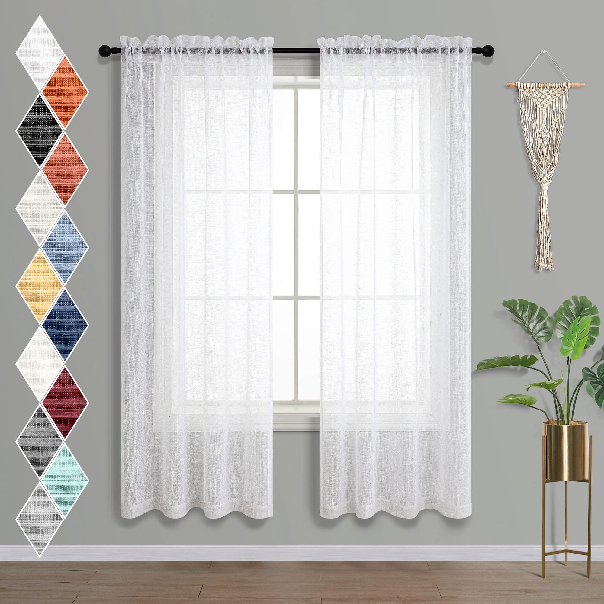Mrs.Naturall White Sheer Curtains 63 Inches Long for Bedroom Rod Pocket Pure White Curtain Semi Sheer for Dining Room 42x63 Inch Length Set 2 Panels
