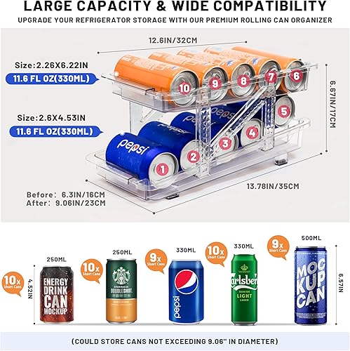 Miniatura 4 de Guermok Organizador automático de latas de sodas rodantes para refrigerador, amplio y ajustable, dispensador de bebidas para despensa, 12 onzas, 16