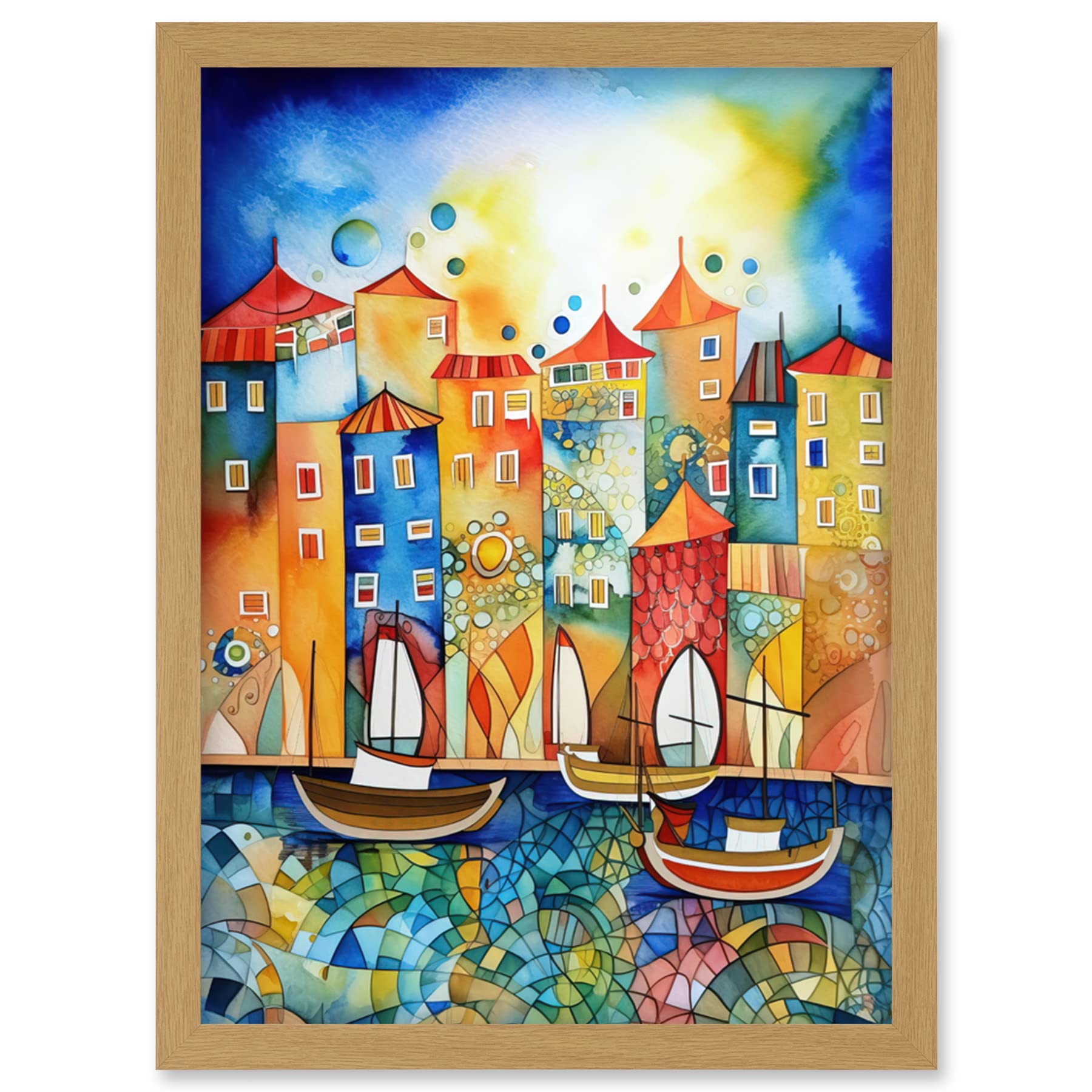 Artery8 Abstract Sailing Seafront Folk Art Artwork Framed Wall Art Print A4