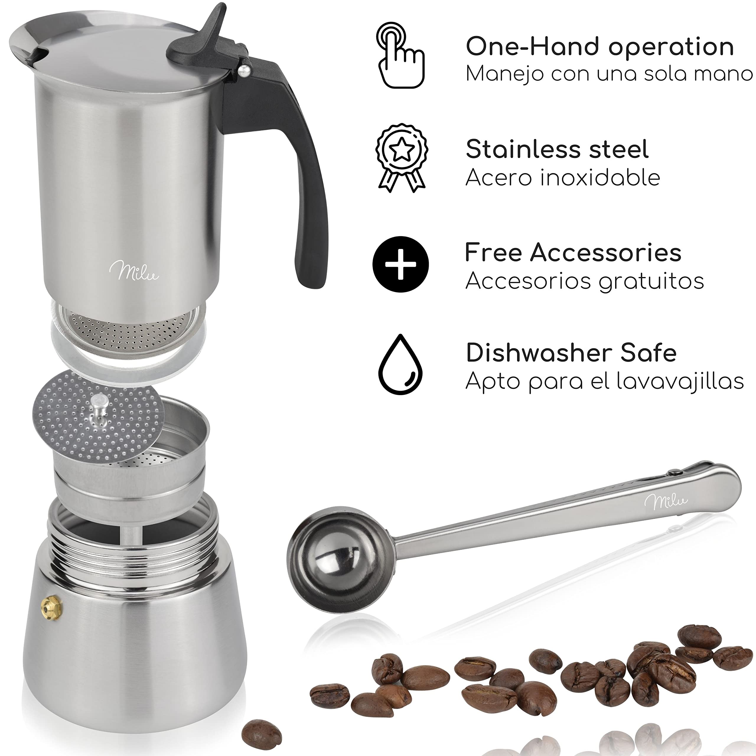Caffettiera Espresso Milu Per Induzione - Acciaio Inox, 6 Tazze (300 Ml), Con Accessori