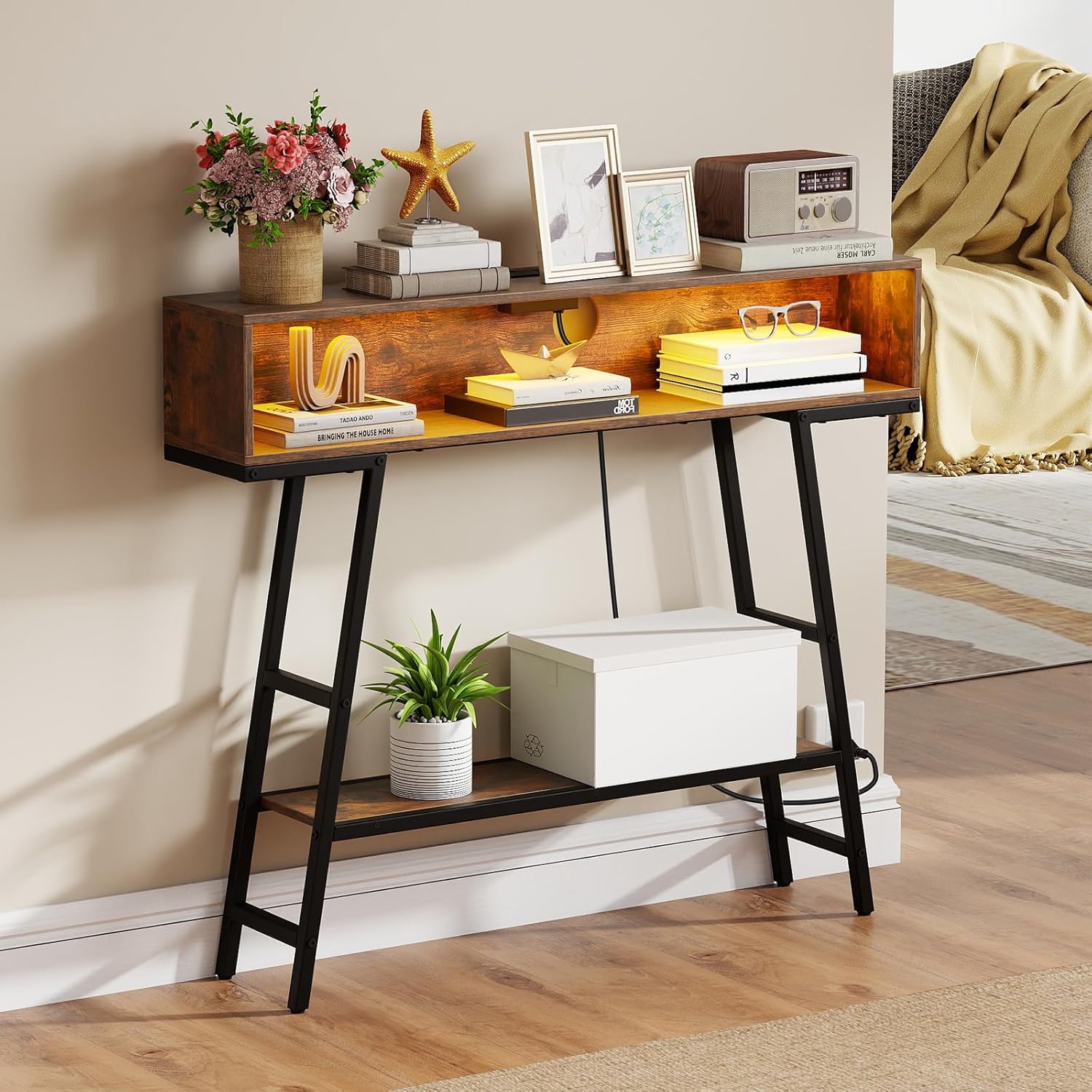 Giantex Console Table with Charging Station & LED Lights, 40" Entryway Table with Storage Shelves, 3-Tier Display Shelf for Small Space, Sofa Table for Living Room (Rustic Brown + Black)