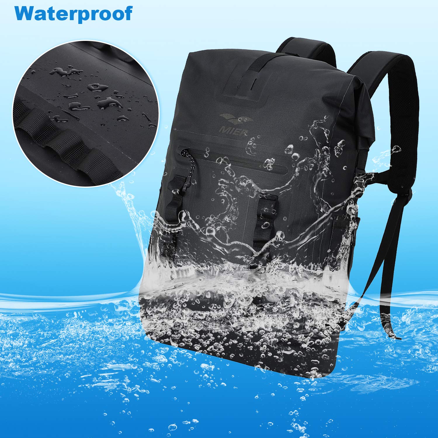 MIER Mochila Impermeable Dry Bag Resistente con Cierre Enrollable para Kayak, Playa, canotaje, natación, Surf, 30 L, Black, Bolsa Seca