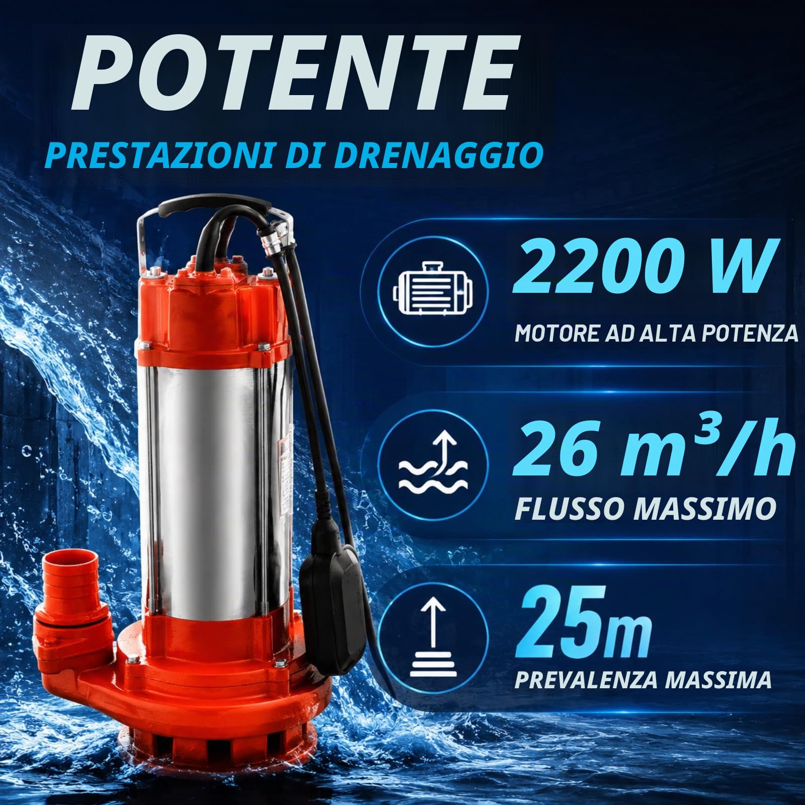 Pompa per acque reflue, 2200 W, 26000 l/h, pompa sommersa per acque reflue, pompa sommersa con interruttore galleggiante, in acciaio inossidabile, prevalenza 25 m, pompa per liquami con maniglia