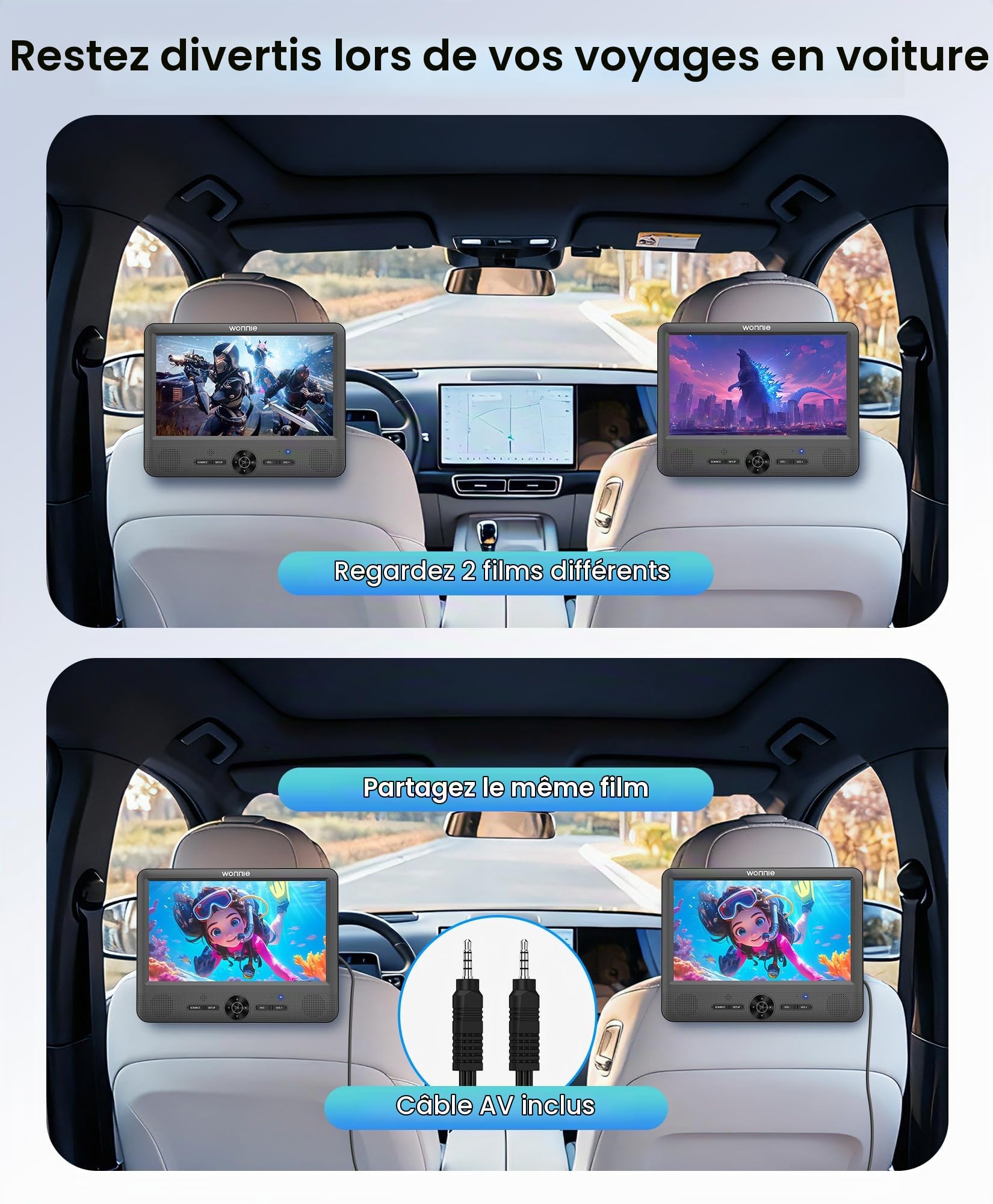 WONNIE Lecteur DVD portable de 10 pouces avec deux films différents ou identiques avec 2 supports d'appui-tête, batterie rechargeable 5H, dernier stockage, sortie/entrée AV