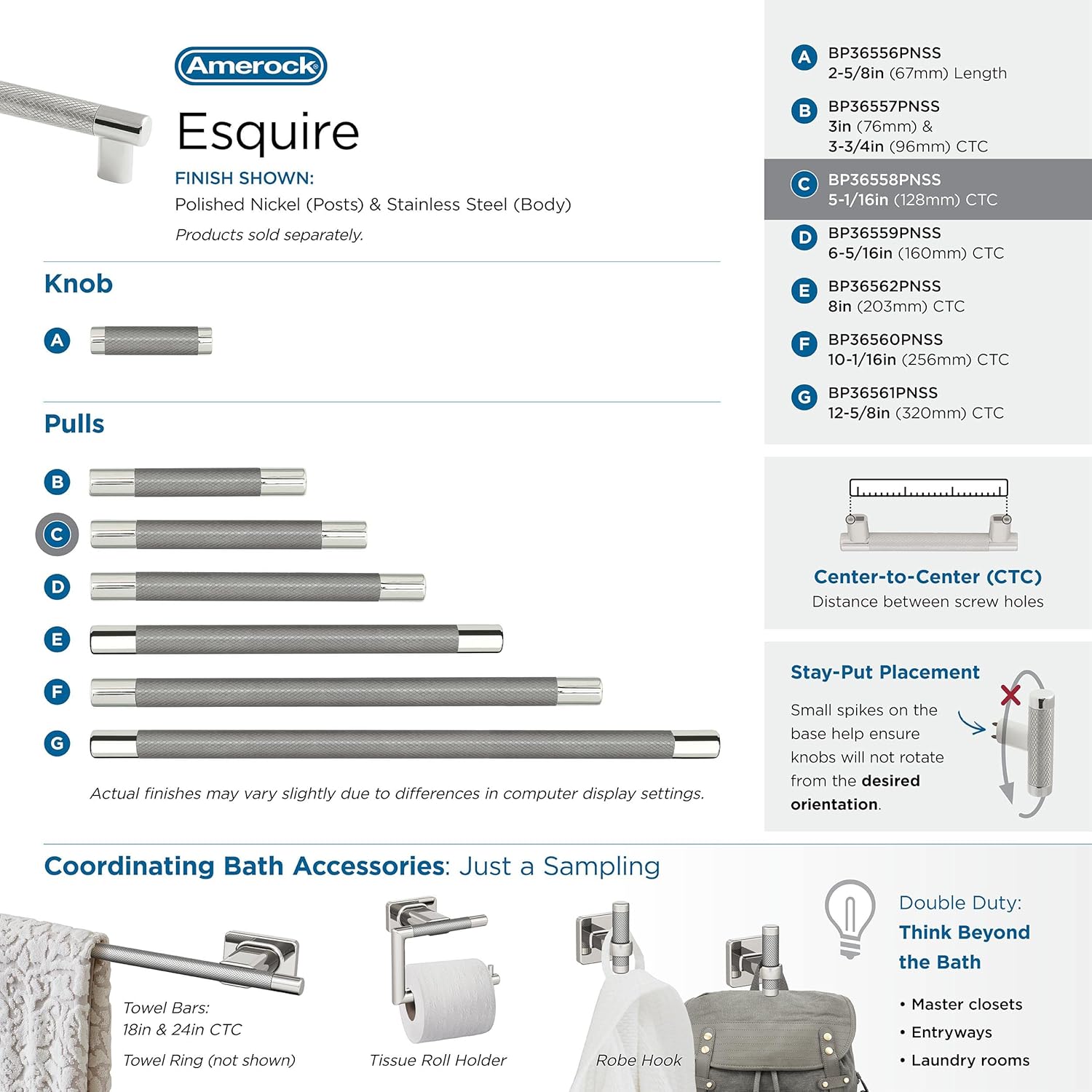 Amerock | Cabinet Pull | Polished Nickel/Stainless Steel | 5-1/16 inch (128 mm) Center to Center | Esquire | 1 Pack | Drawer Pull | Drawer Handle | Cabinet Hardware