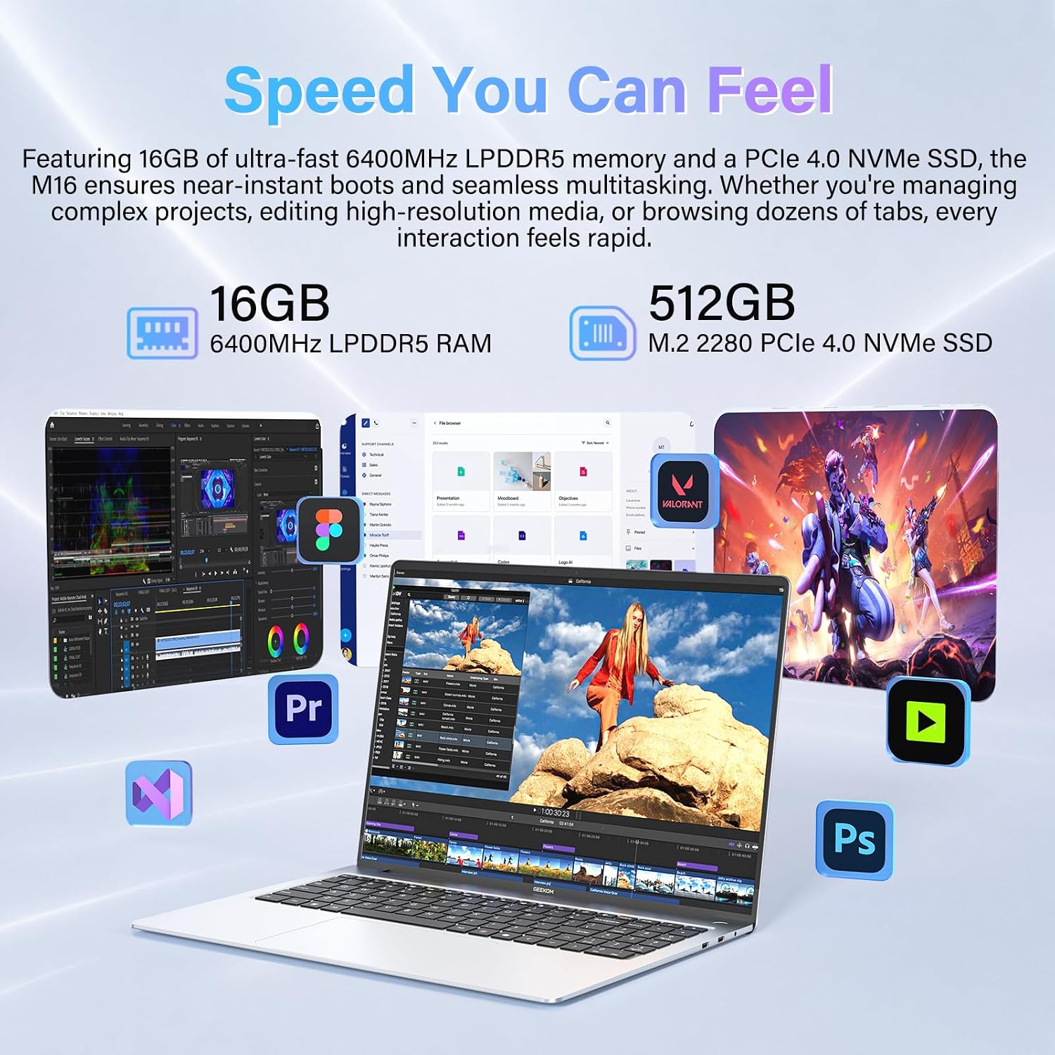 GEEKOM GeekBook M16 Laptop, 16" IPS Laptop Computer with Intel Core Ultra 9 (55W TDP), 99.9Wh Battery, Dual-Fan Cooling, 16GB LPDDR5 RAM, 512GB SSD,100W PD Charger, USB4, Fingerprint, Win 11 Pro image 6