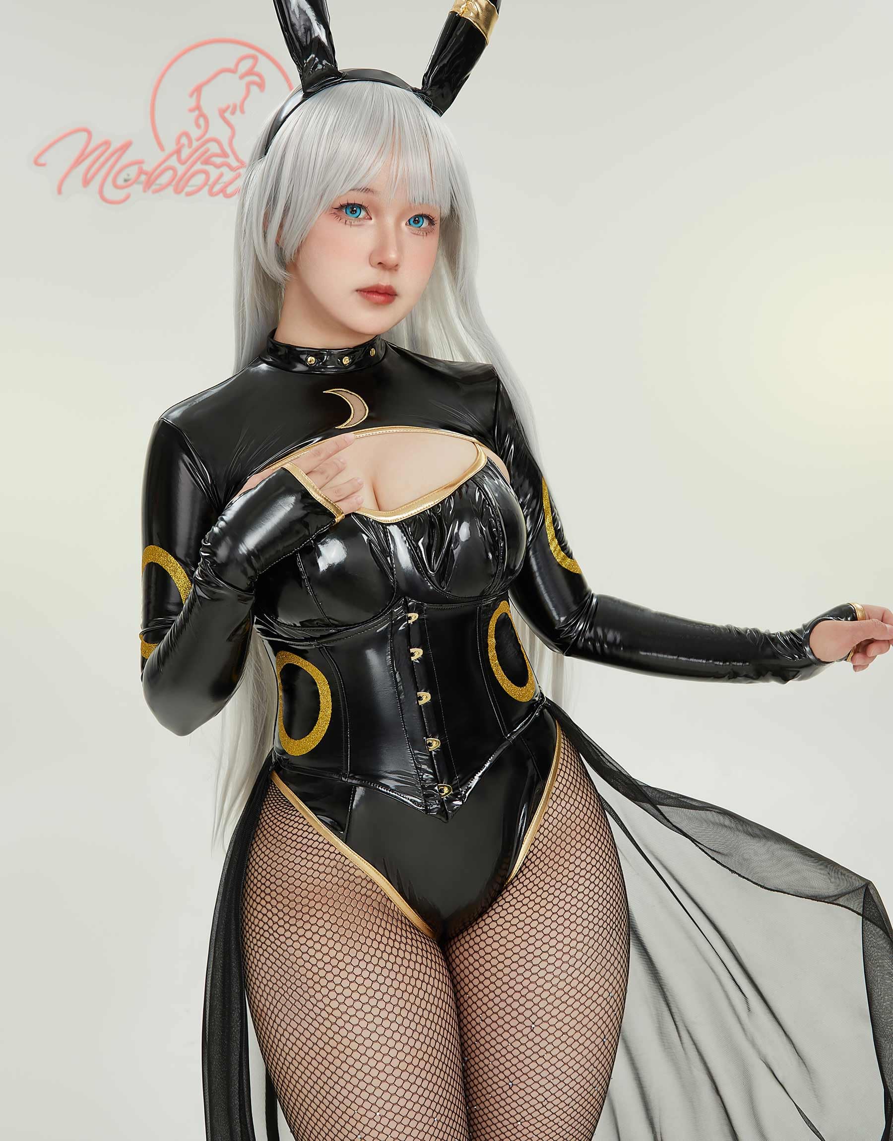 Mobbunny Anime Cosplay Costume for Women Black Bodysuit PU Leather Bodycon and Top with Chiffon Skirt Headband Tail