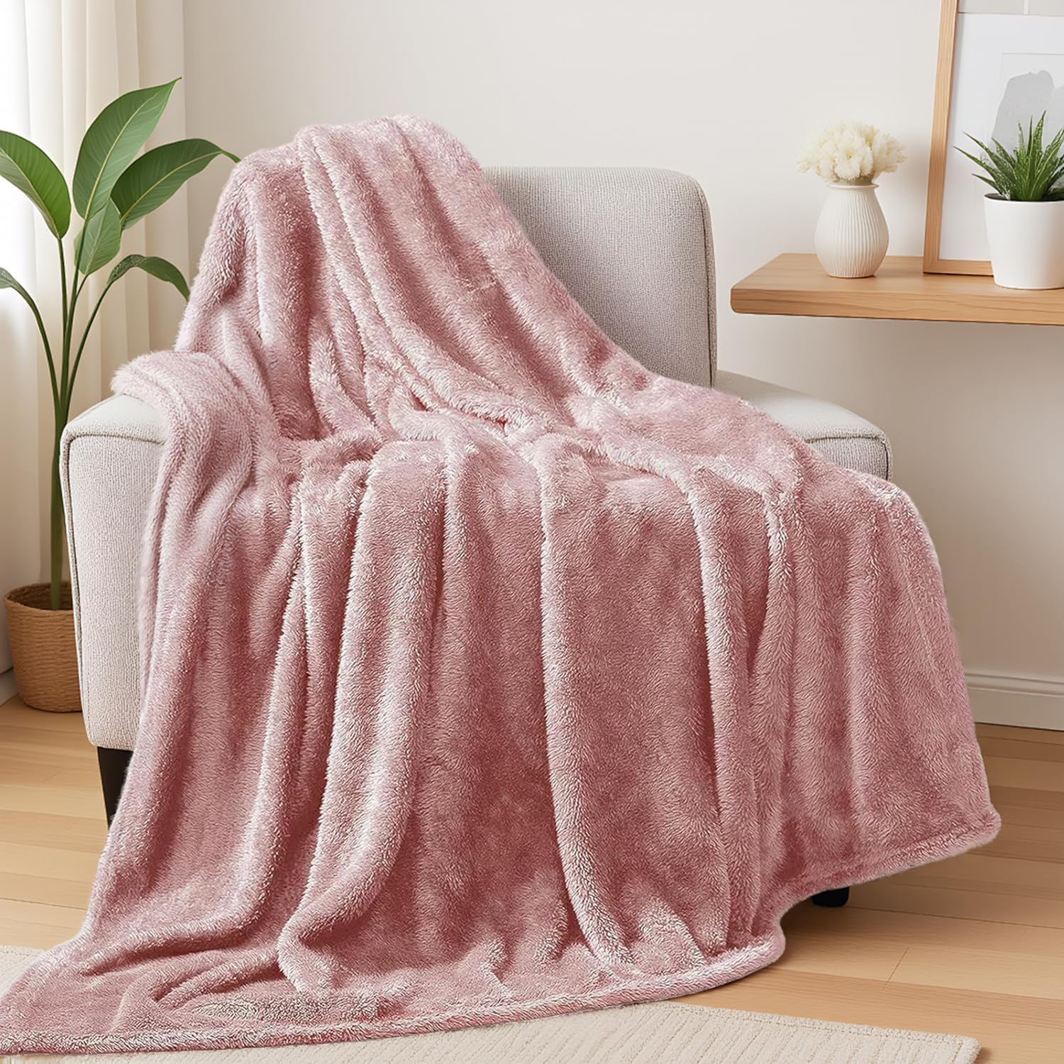 Exclusivo Mezcla Plush Fuzzy Fleece Throw Blanket 127x178 CM, Super Soft, Fluffy and Warm Blankets for Couch, Bed, All Season Use, Dusty Pink