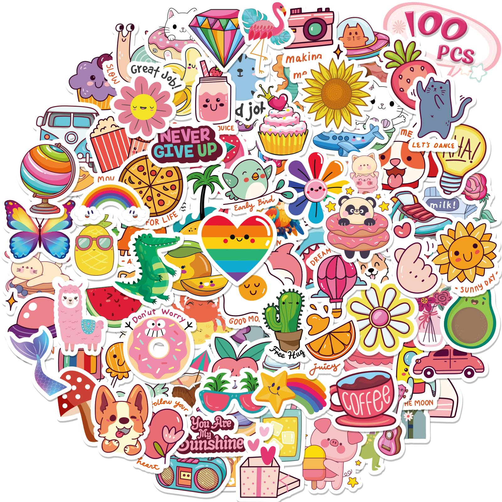 RINOLY 100 PCS Water Bottle Stickers for Kids, Cute Sticker for Girls,Waterproof Vinyl Kawaii Stickers for Water Bottles,Skateboard,Laptop,Girls Boys Classroom Prizes