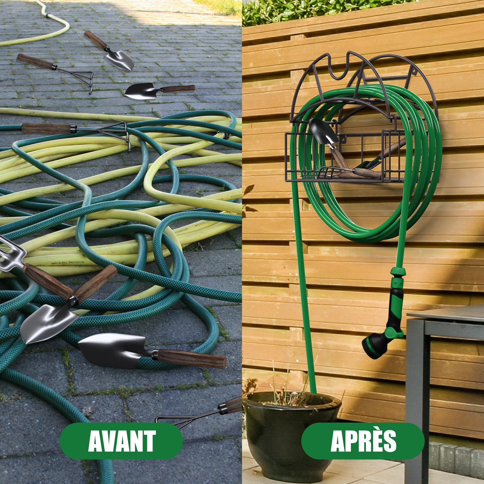 Support de tuyau d'arrosage, support de tuyau d'eau robuste avec panier de rangement pour outils, organisateur de tuyau mural pouvant contenir jusqu'à 150 pieds, support de tuyau décoratif pour jardin