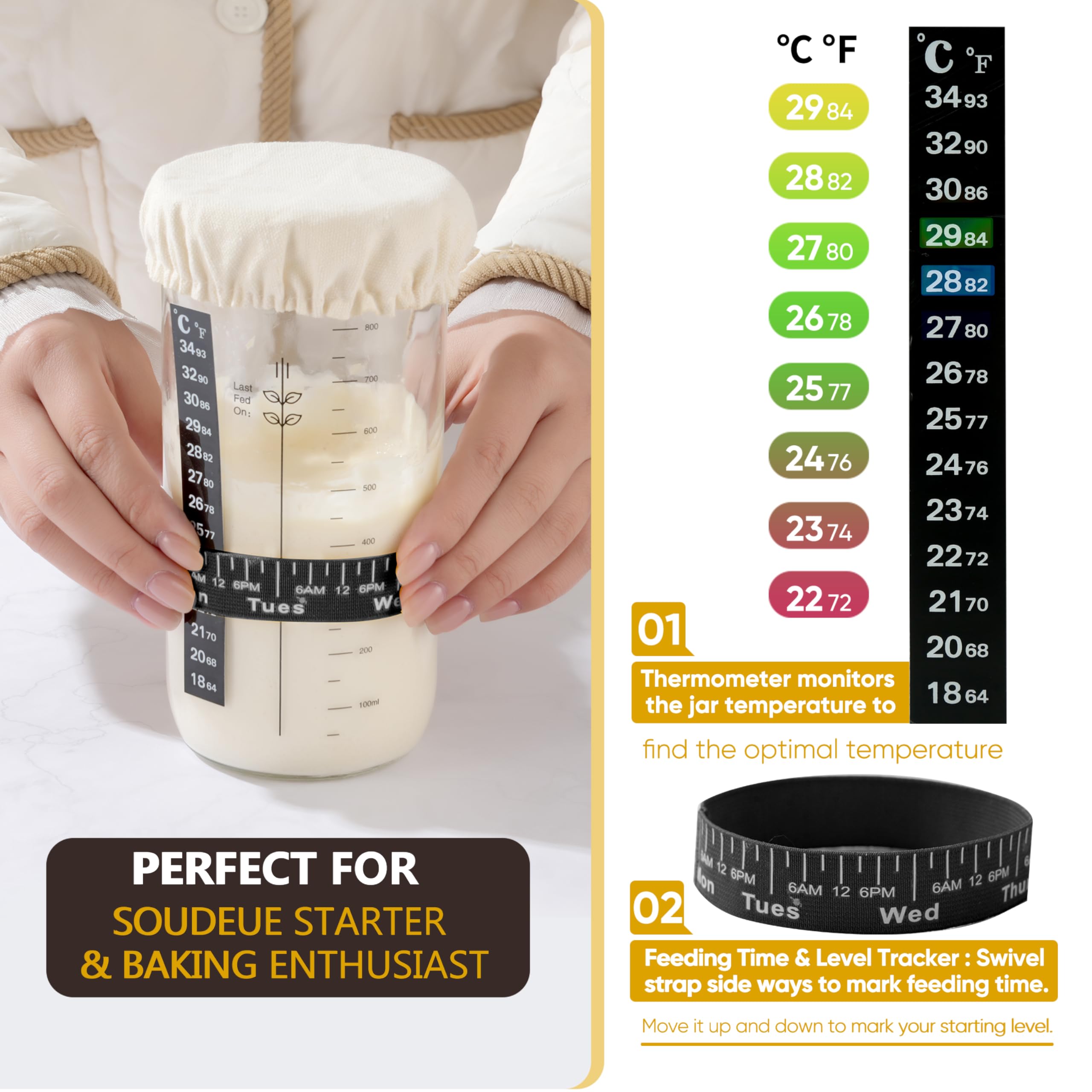 BICRET Lot de 15 accessoires de cuisson au levain avec panier de fermentation motif de blé, verre de fermentation, thermomètre, panier à pain, couteau à pâte, cadeau pour débutants (jaune)