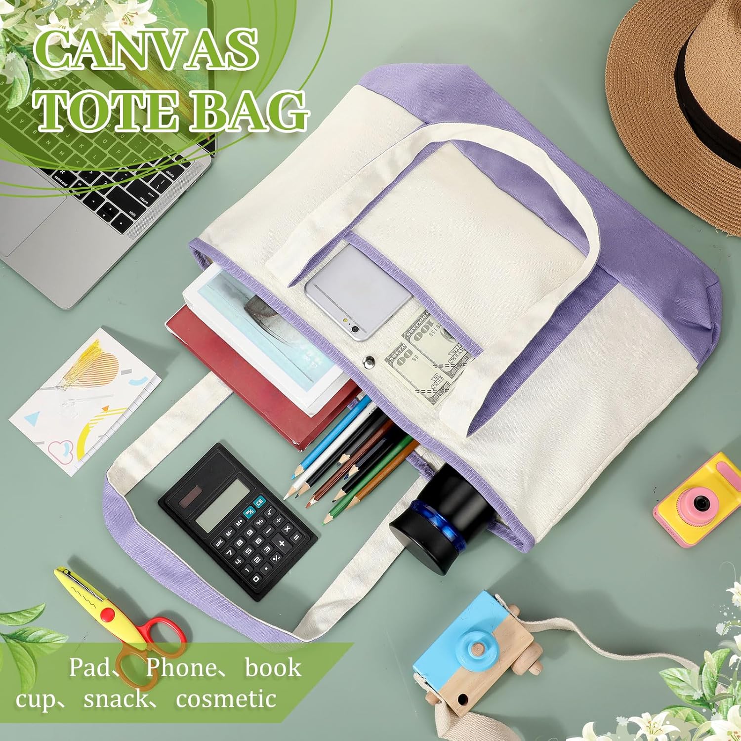 Sanwuta 9 Pcs Canvas Tote Bags Bulk with Outer Pocket 18‘' Reusable Grocery Shopping Blank Tote Bag for Women