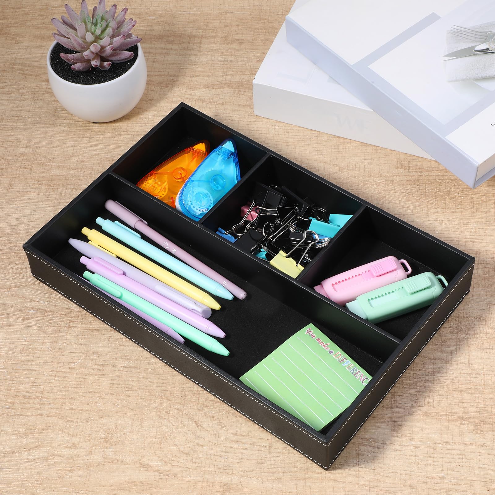Juego de 2 bandejas de piel sintética para escritorio, mesita de noche, joyas, llaves, cartera, gafas de sol, teléfono, reloj, color negro