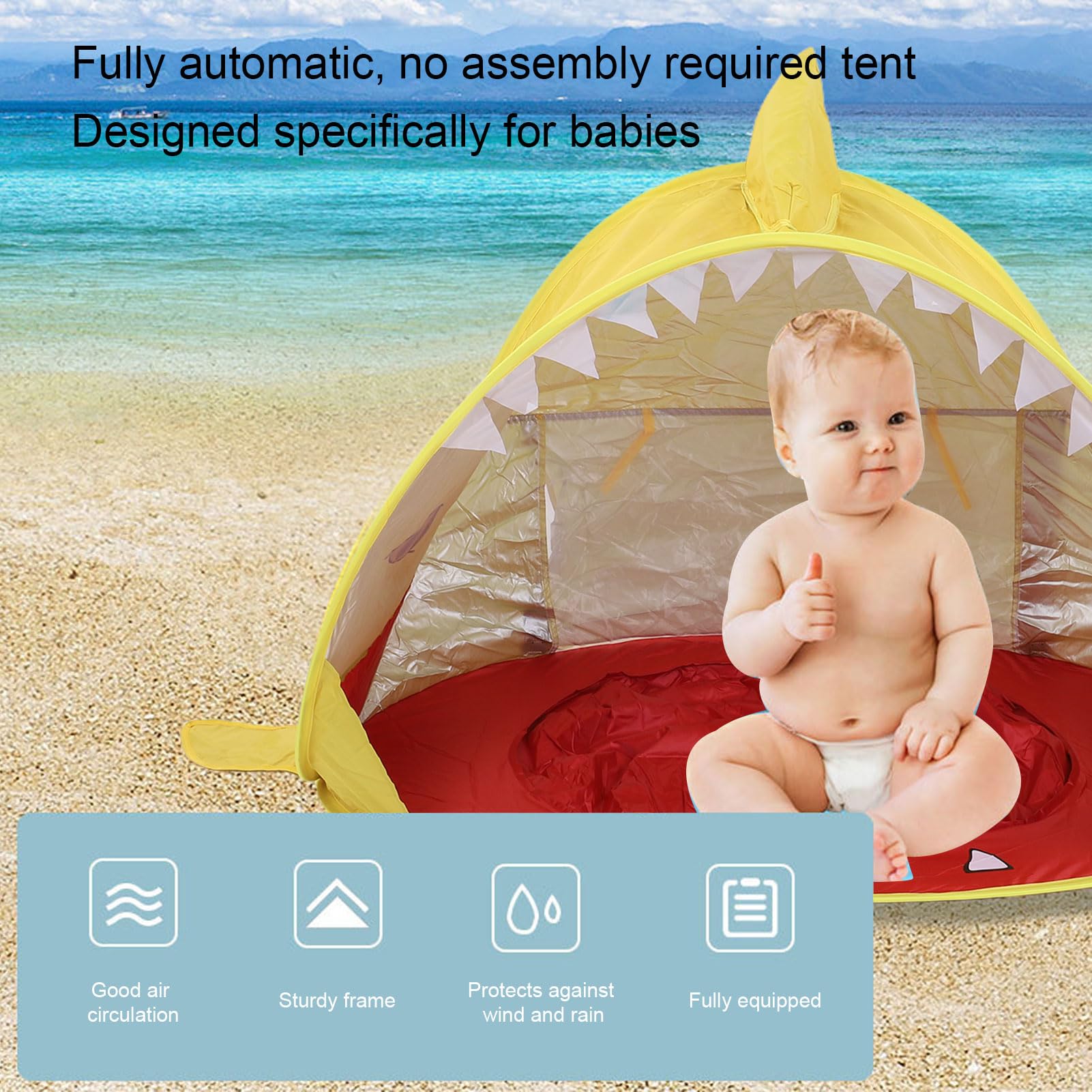 Tienda de Campaña de Playa Portátil para bebé con Piscina para Diversión Al Aire, Refugio Solar Ligero para Bebés, Diseño Fácil de Desplegar, Amarillo Tiburón - 1 Unidad