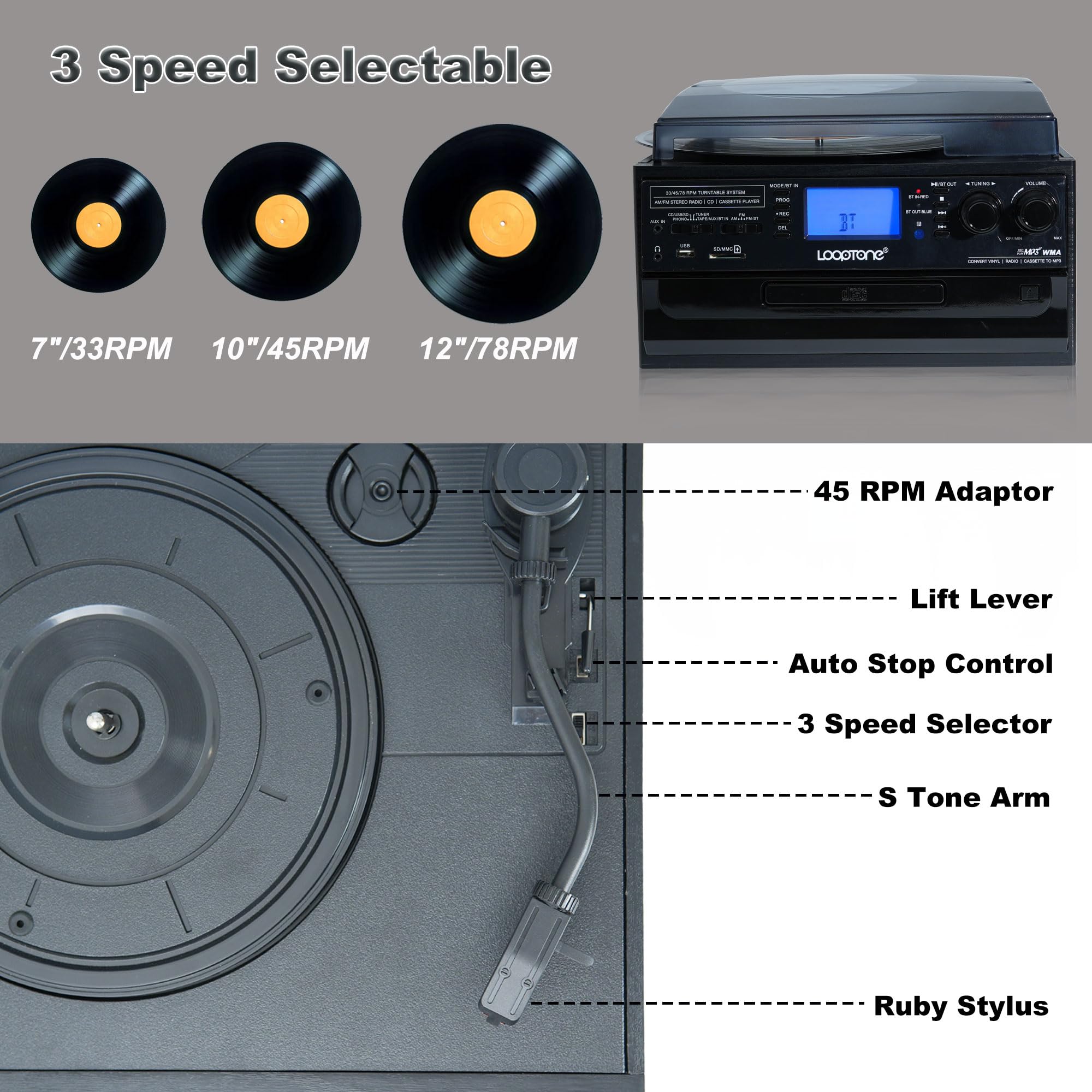 Usb Lp Recorder Snapklik.com : Vinyl Record Player 3 Speed 10 In 1 Bluetooth In And Out ...