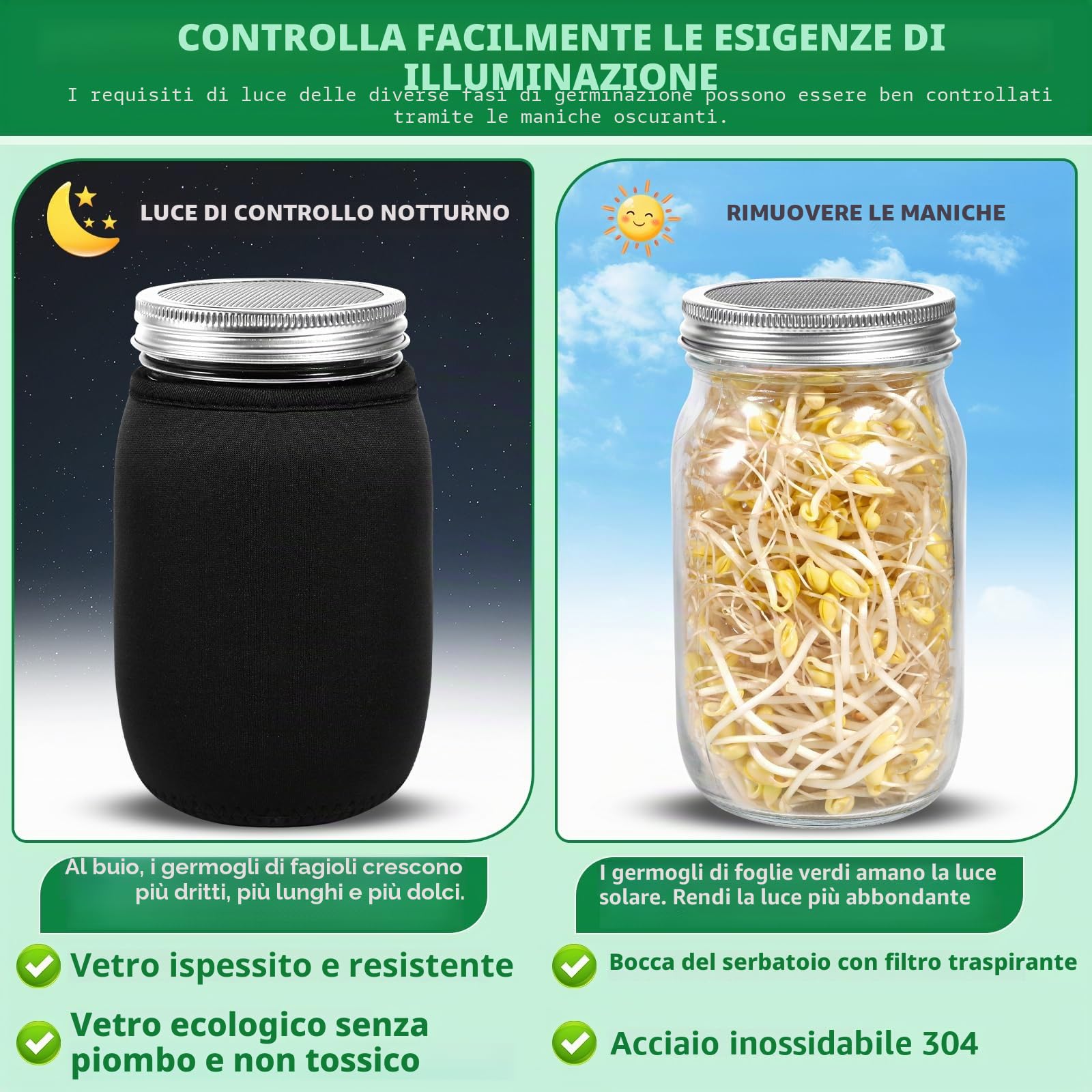 Barattolo Germogliatore Set,2 1000ml Germogliatore in Vetro, 2 Coperture, 2 Supporti e 1 Vassoio,2 Manicotti Oscuranti,1 Spazzola,Kit di Barattoli per Germogliamento di Semi per Broccoli Germ