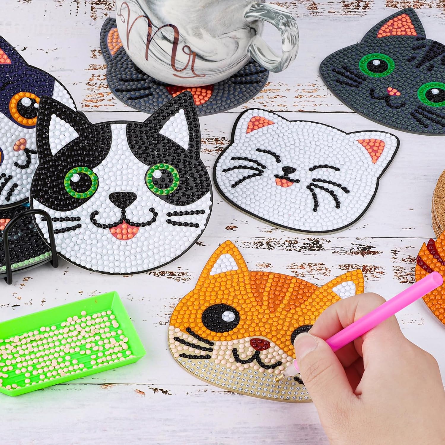 Lemicin 10Pcs Cat Diamond Painting Coasters Diamond Art Coasters with Holder Cat Crafts DIY Kits for Kids Adults Beginners image 2