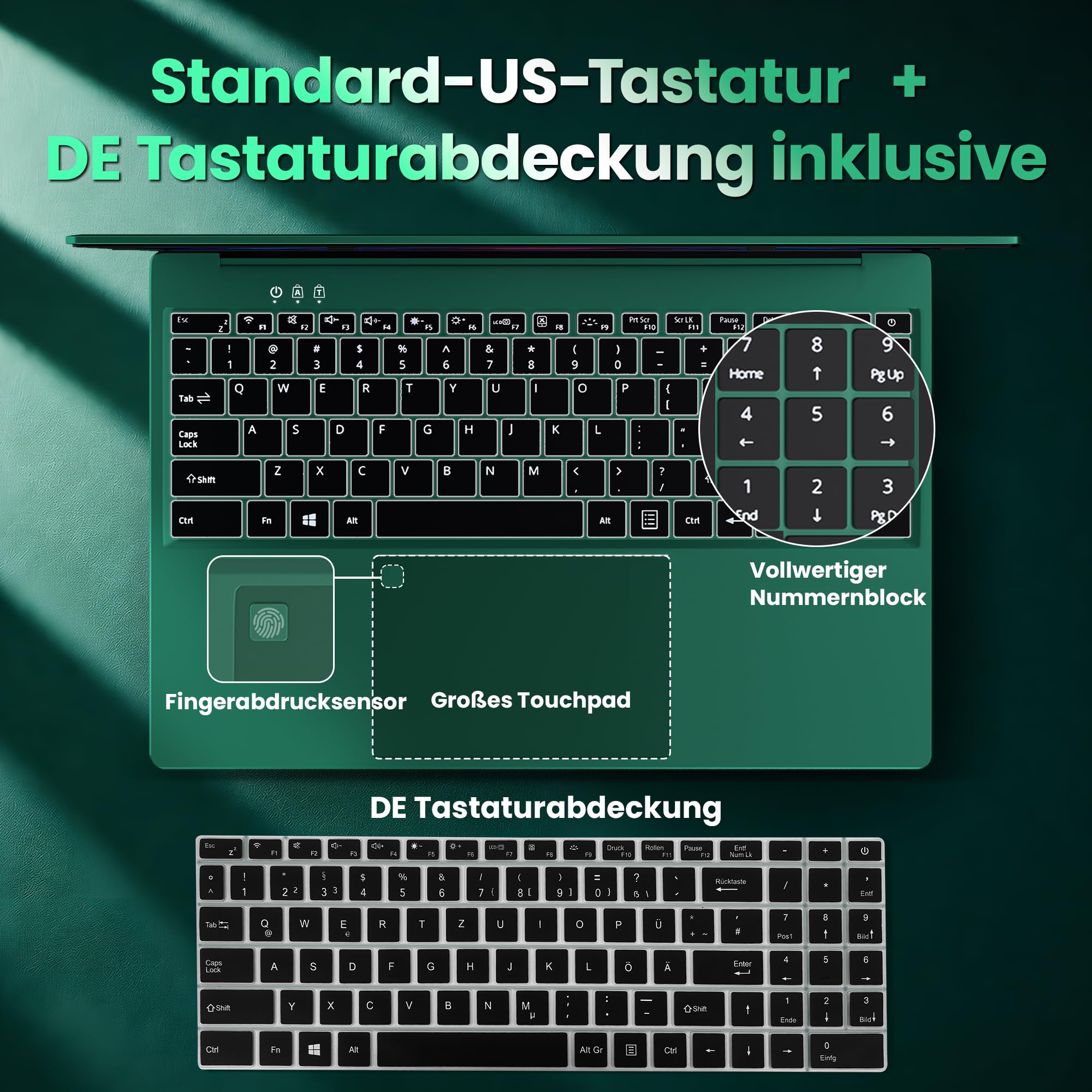 16-Zoll Business Laptop, 16GB RAM, 512GB SSD, 6500Y CPU bis zu 3,40 GHz | FHD IPS Display, Fingerabdruck, beleuchtete Tastatur, USB 3.0, WLAN, Type-C Charging, Grüner Notebook für, Arbeit, Schule