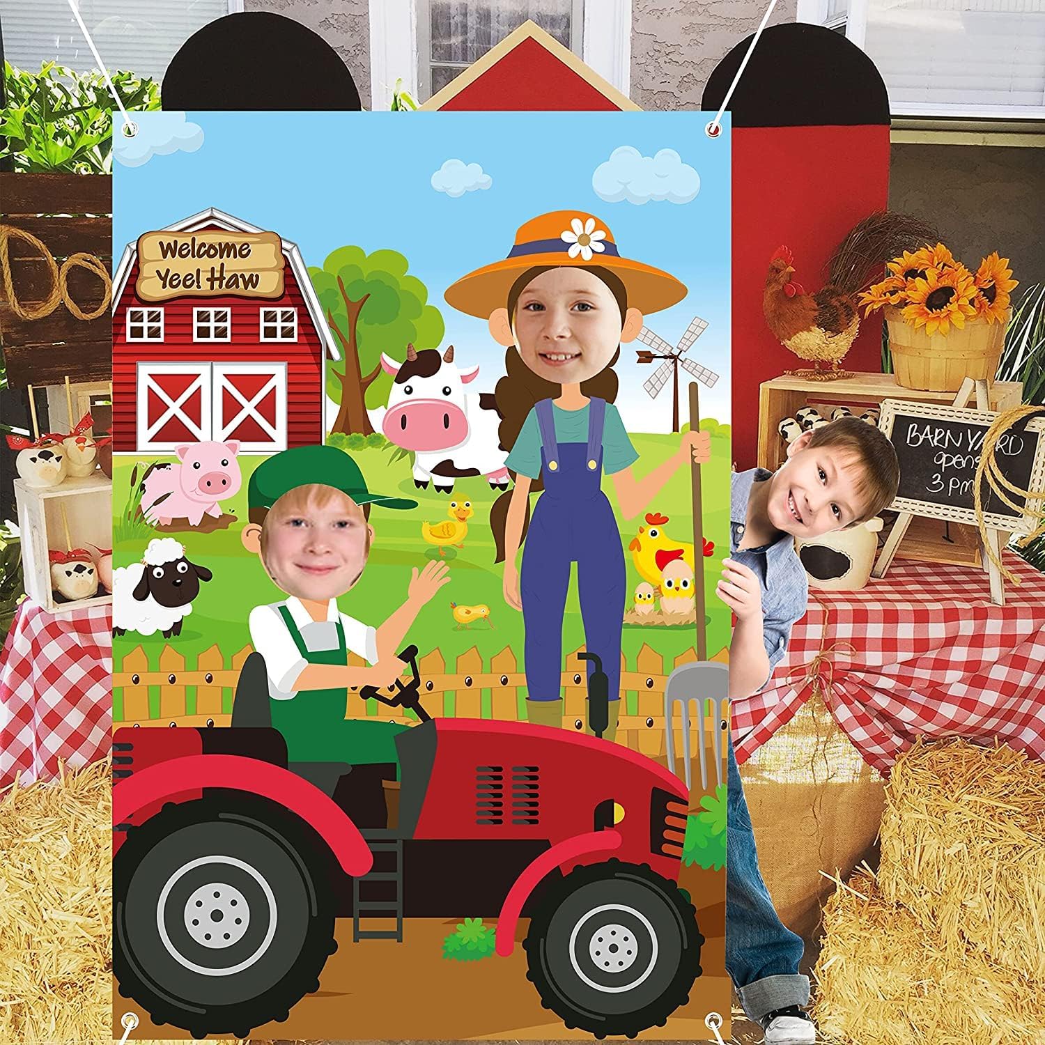 Haooryx Farm Animals Photobooth Props - Farm Animals Large Satin Fabric Photo Booth Props Backdrop Face in Hole Background Banner Sign Decor Happy Birthday Party Decorations Supplies No Diy Door Cover